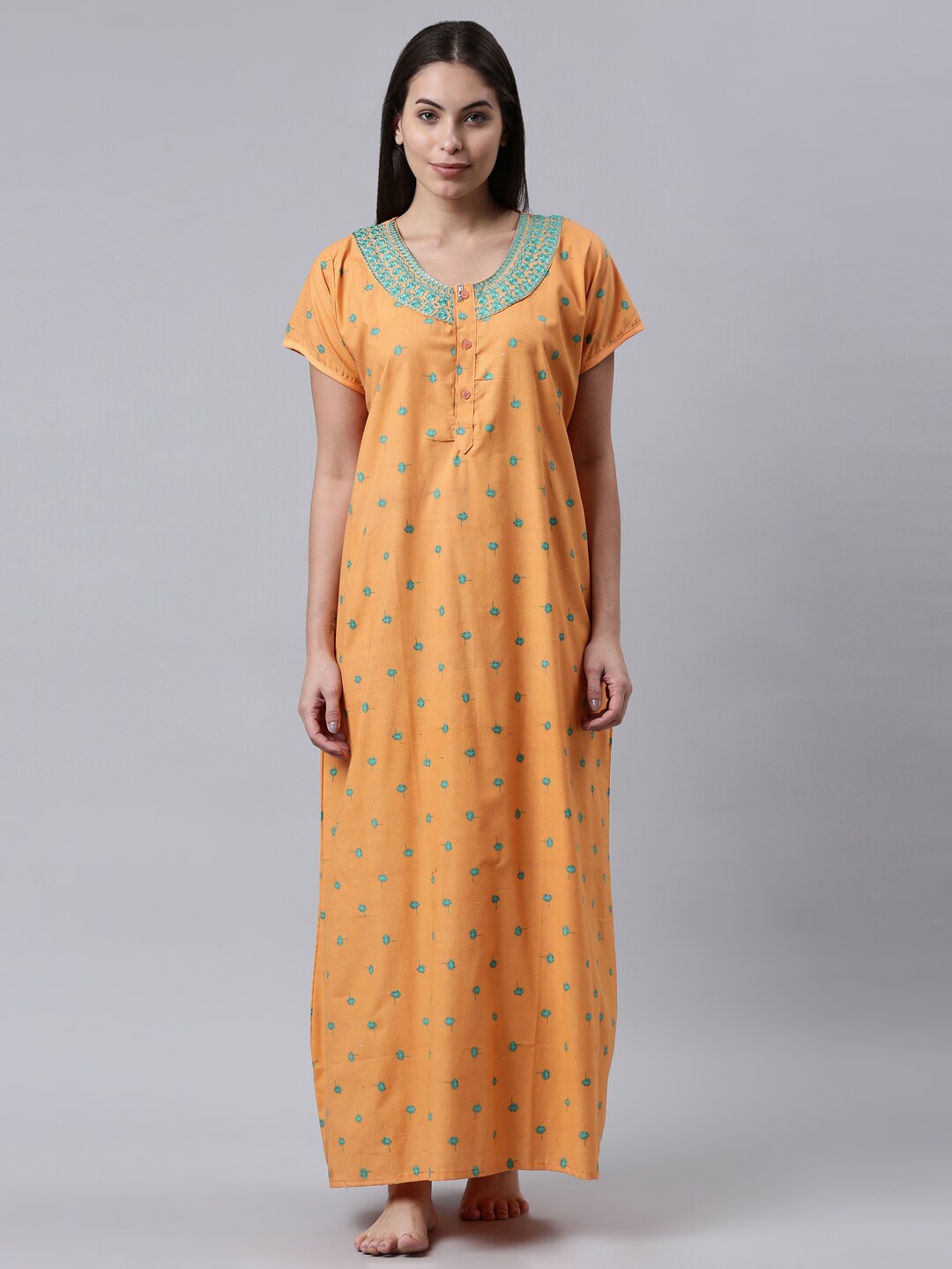 

TRUNDZ Women Orange Printed Cotton Maxi Nightdress