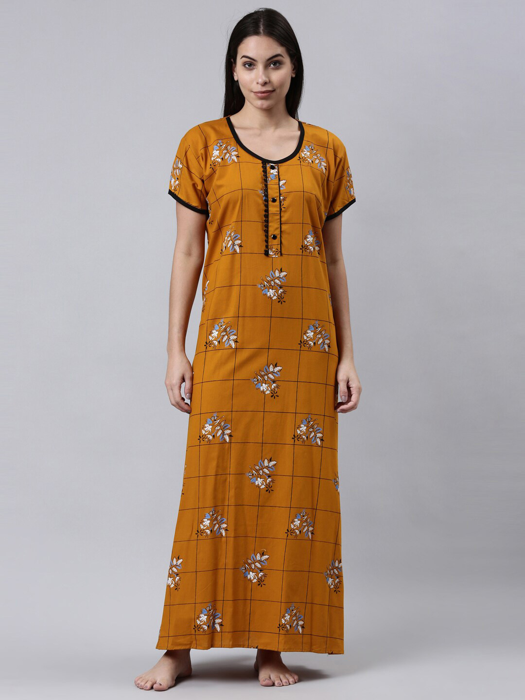 

TRUNDZ Yellow Printed Pure Cotton Maxi Nightdress