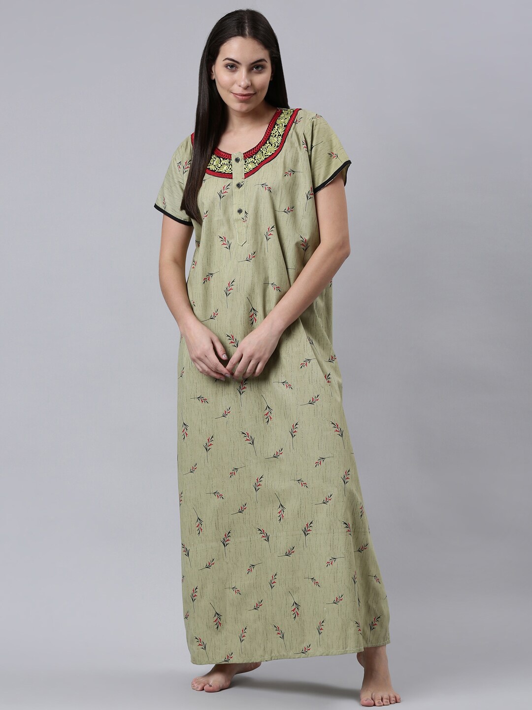 

TRUNDZ Women Khaki Printed Maxi Pure Cotton Nightdress
