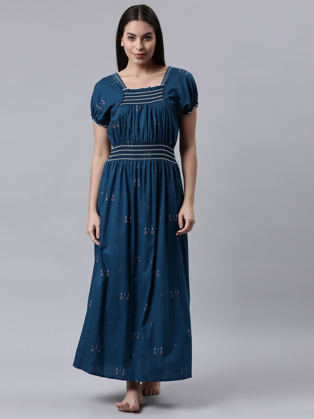 

TRUNDZ Blue Printed Pure Cotton Maxi Nightdress