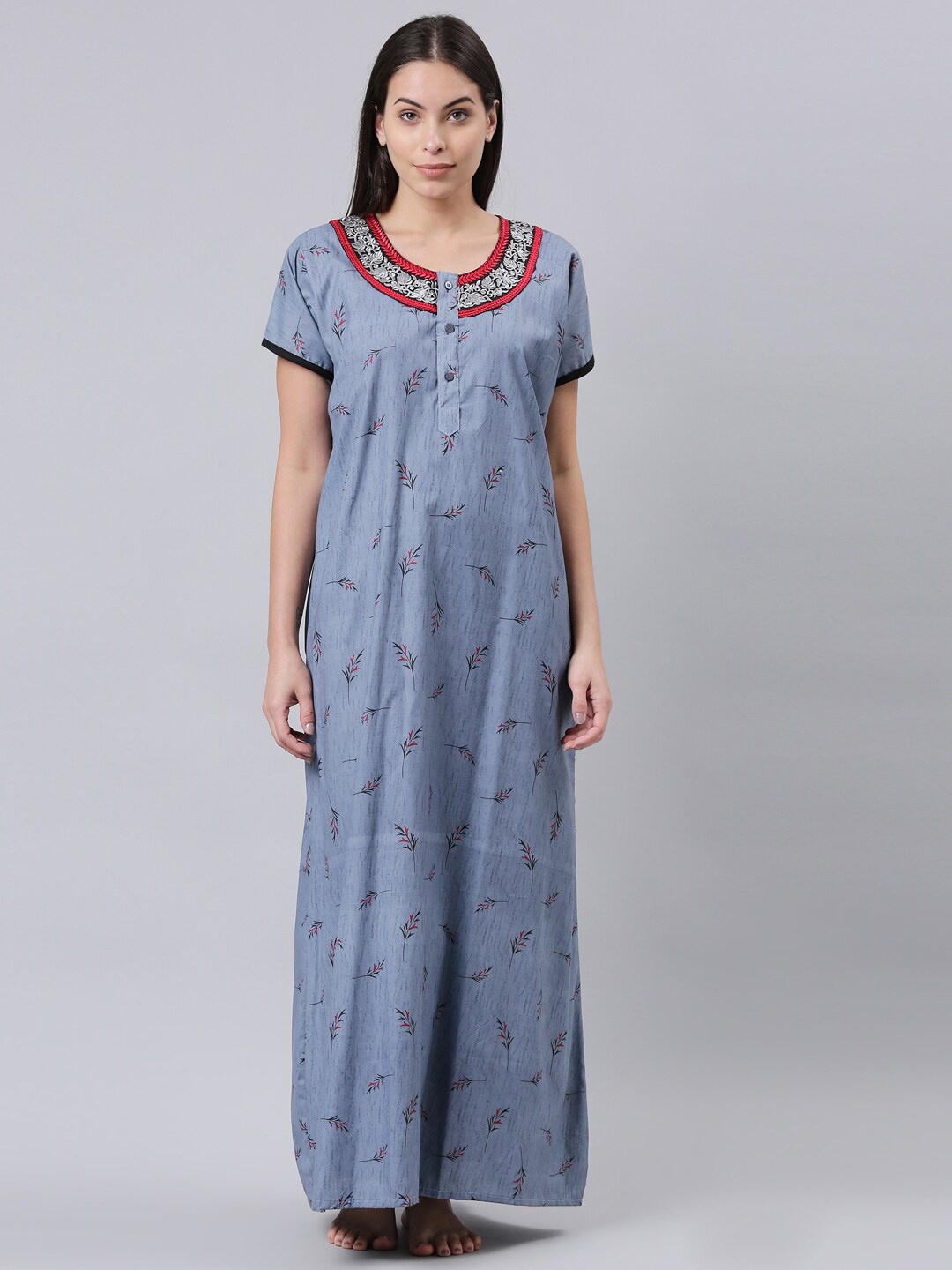 

TRUNDZ Women Blue Printed Cotton Maxi Nightdress