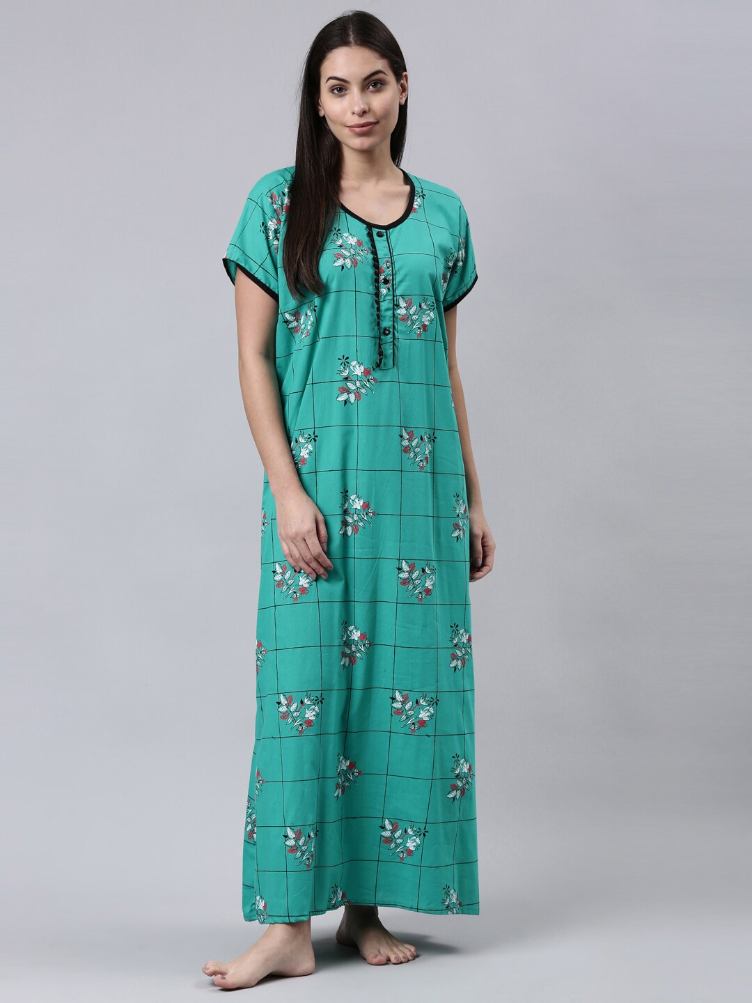 

TRUNDZ Women Turquoise Blue Printed Cotton Maxi Nightdress