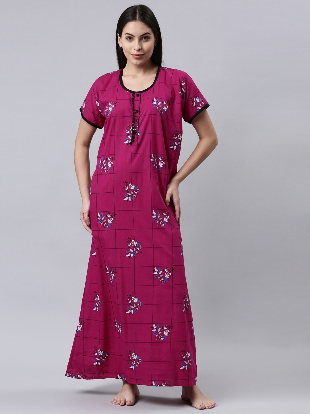 

TRUNDZ Pink Printed Pure Cotton Maxi Nightdress