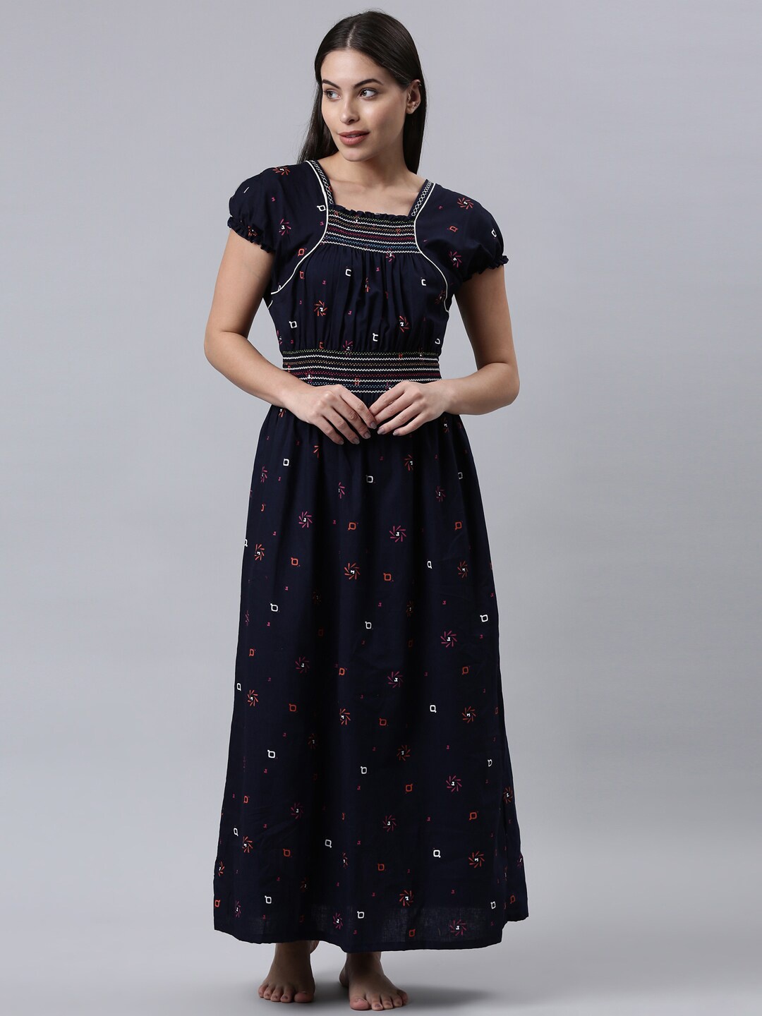 

TRUNDZ Navy Blue Printed Pure Cotton Maxi Nightdress