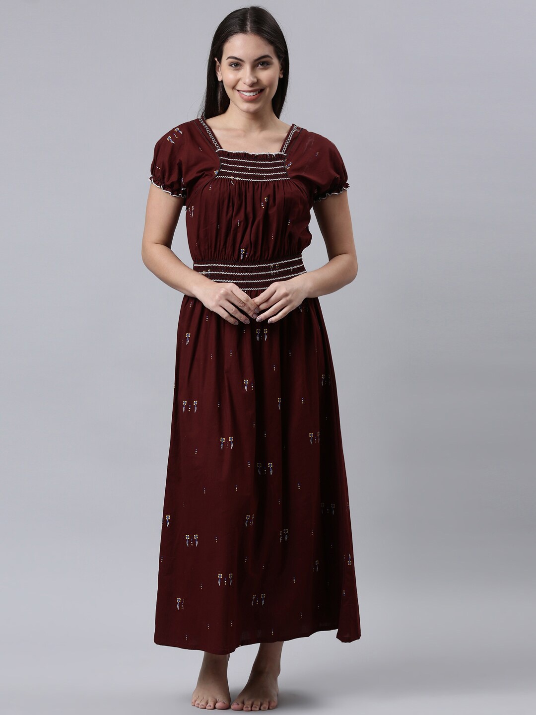 

TRUNDZ Maroon Printed Pure Cotton Maxi Nightdress