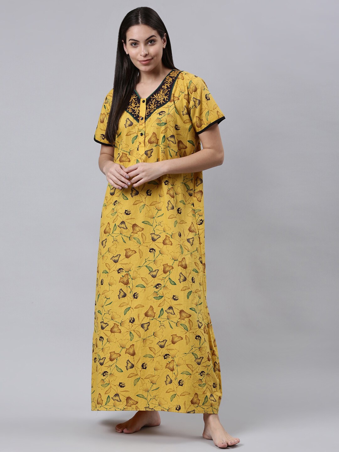 

TRUNDZ Women Yellow Printed Cotton Maxi Nightdress