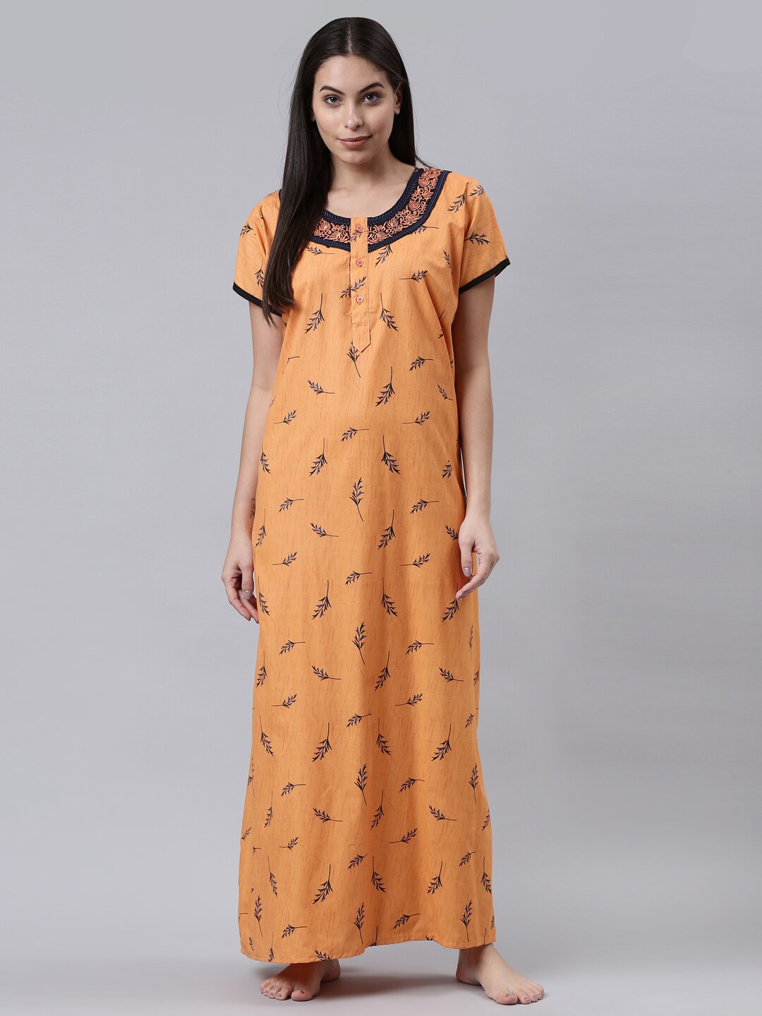 

TRUNDZ Orange Printed Pure Cotton Maxi Nightdress