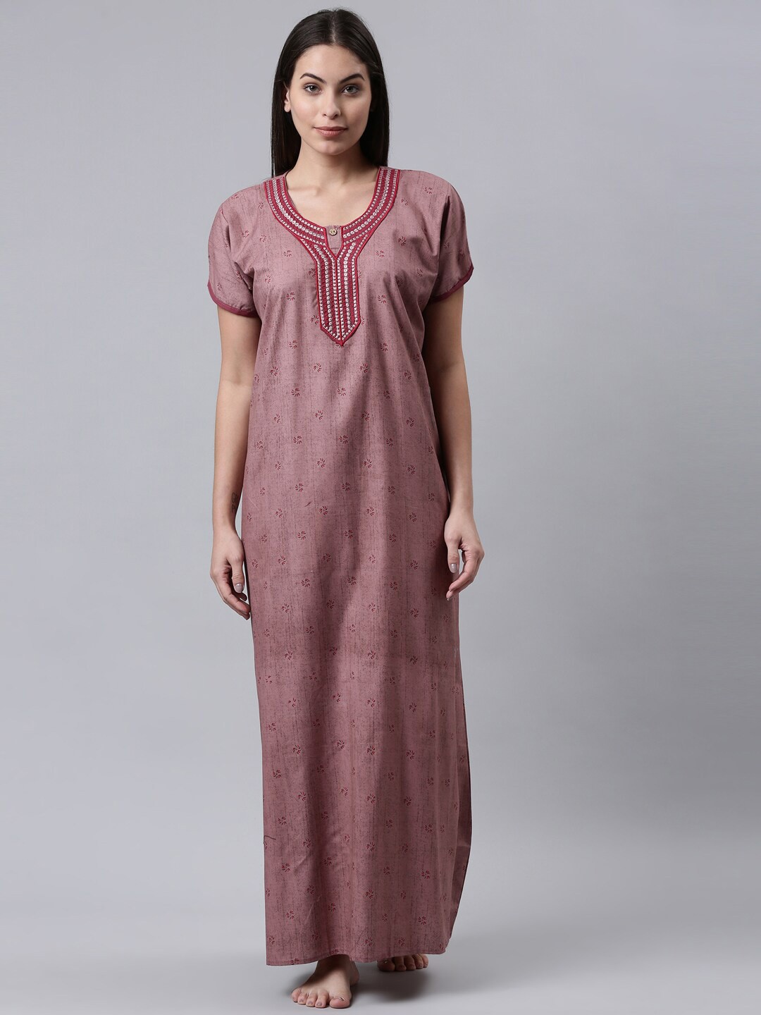 

TRUNDZ Mauve Printed Pure Cotton Maxi Nightdress