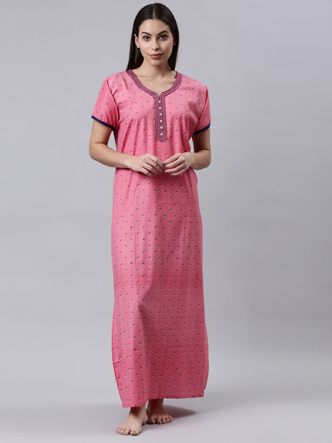 

TRUNDZ Pink Printed Pure Cotton Maxi Nightdress