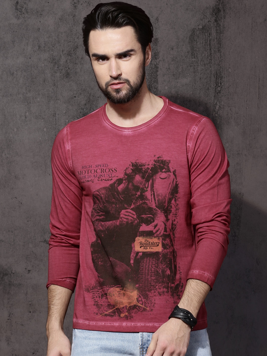 

Roadster Men Maroon Biker Graphic Printed Cotton T-shirt