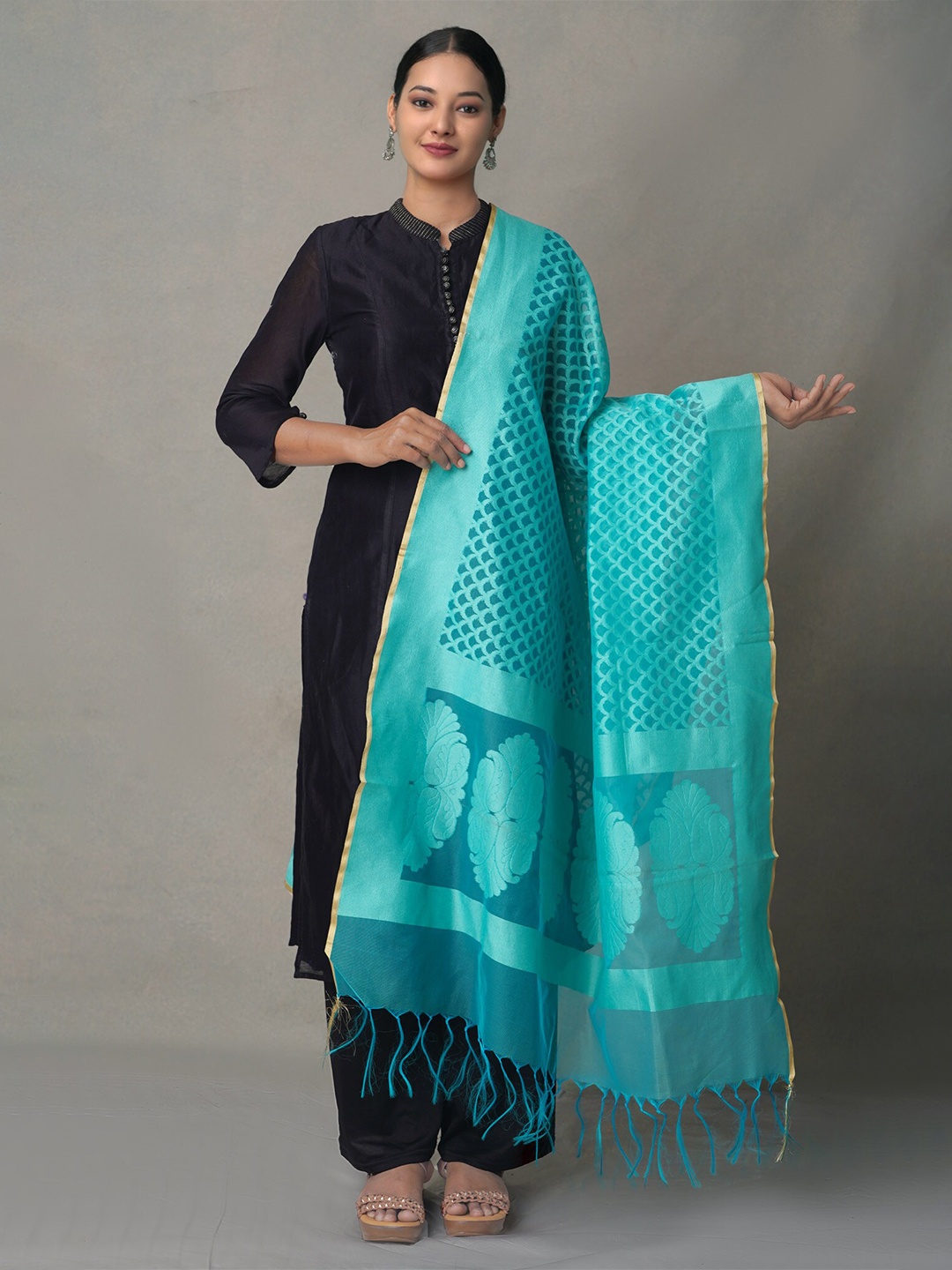 

Unnati Silks Sea Green Ethnic Motifs Woven Design Dupatta with Zari