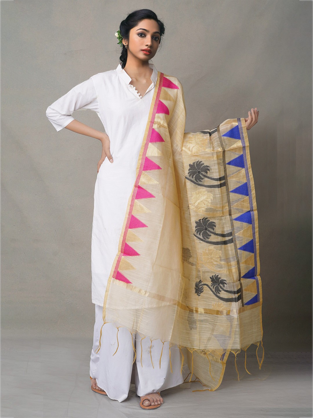 

Unnati Silks Cream-Coloured & Blue Ethnic Motifs Woven Design Cotton Silk Dupatta