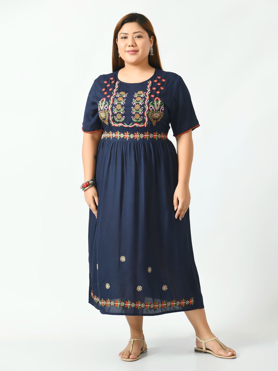 

SAAKAA Plus Size Blue Floral Embroidered Empire Midi Dress