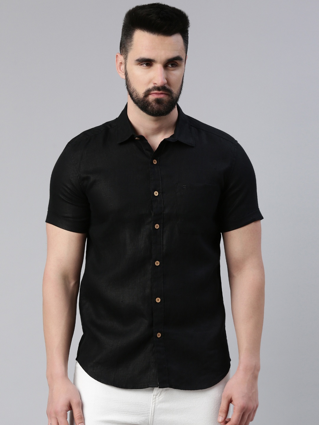 

Ecentric Men Black Solid Pure Hemp Sustainable Casual Shirt