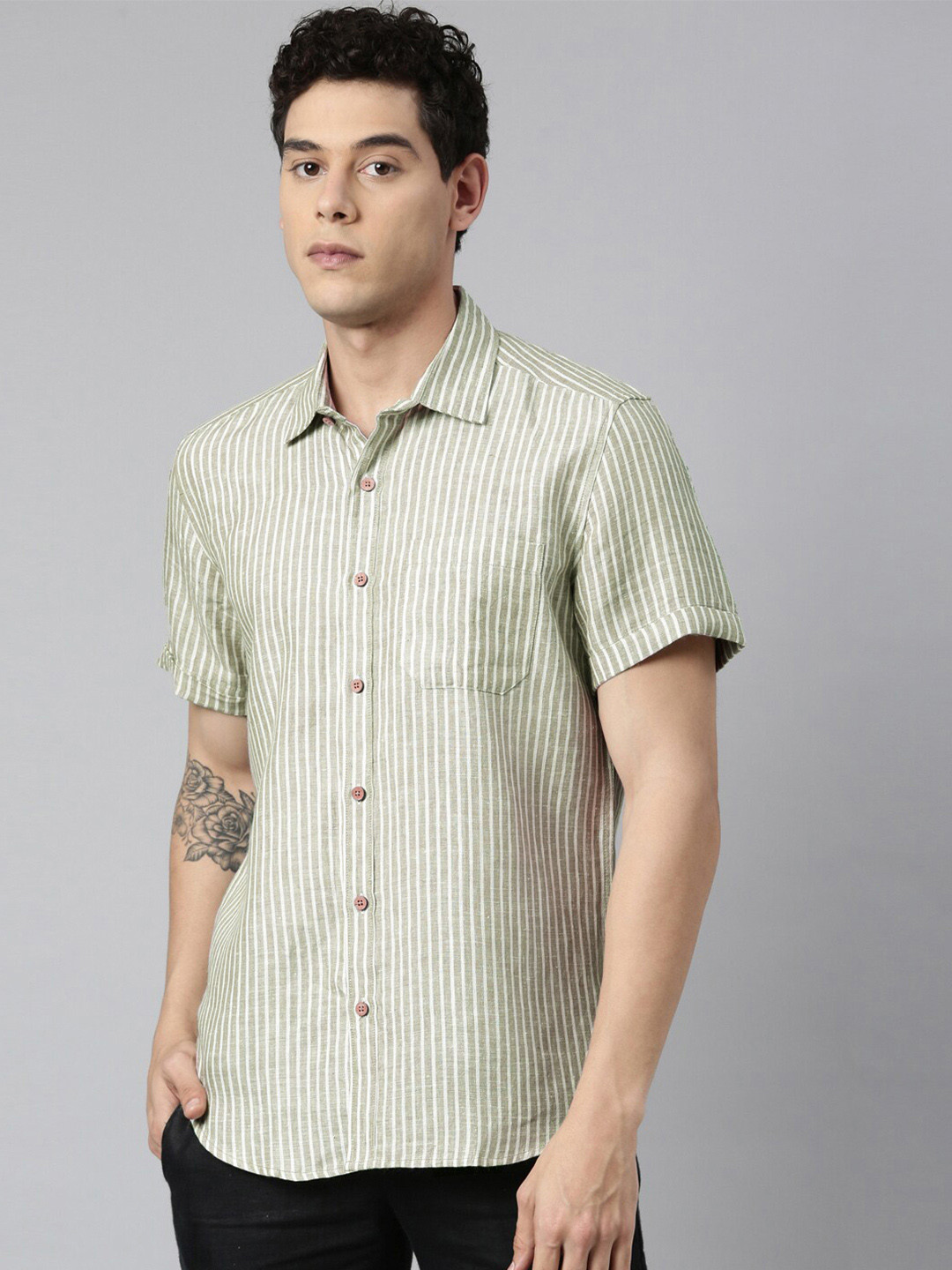 

Ecentric Men Olive Green Striped Sustainable Casual Shirt