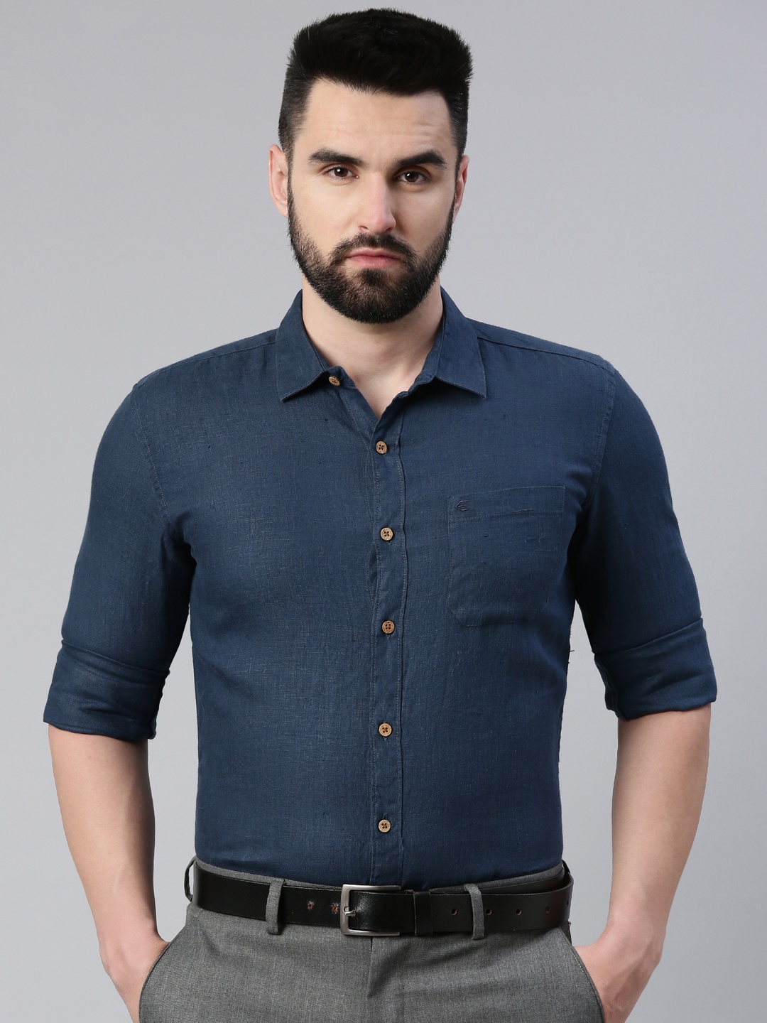 

Ecentric Men Navy Blue Solid Pure Hemp Sustainable Full Sleeve Shirt
