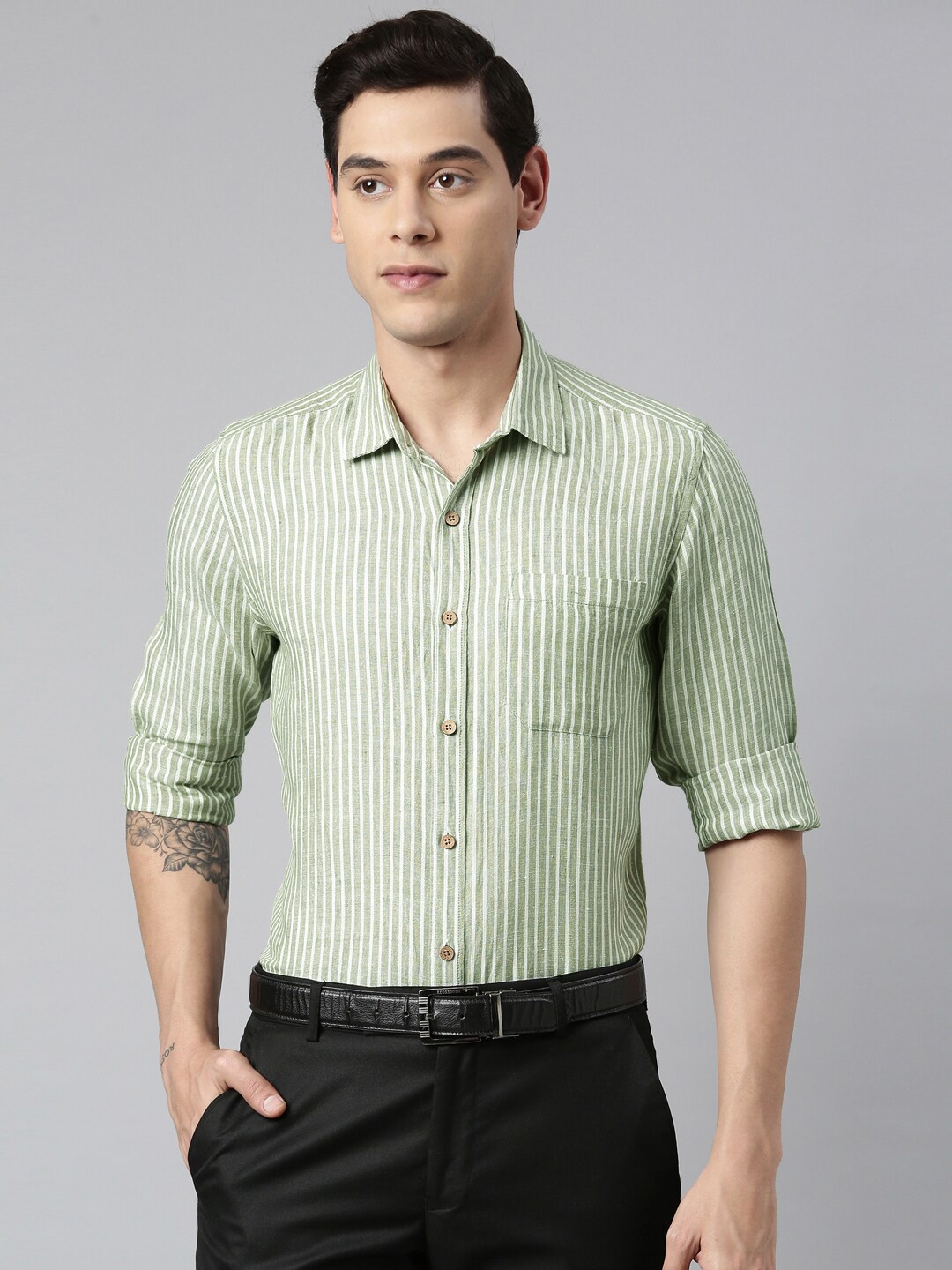 

Ecentric Men Olive Green Striped Pure Hemp Formal Sustainable Shirt