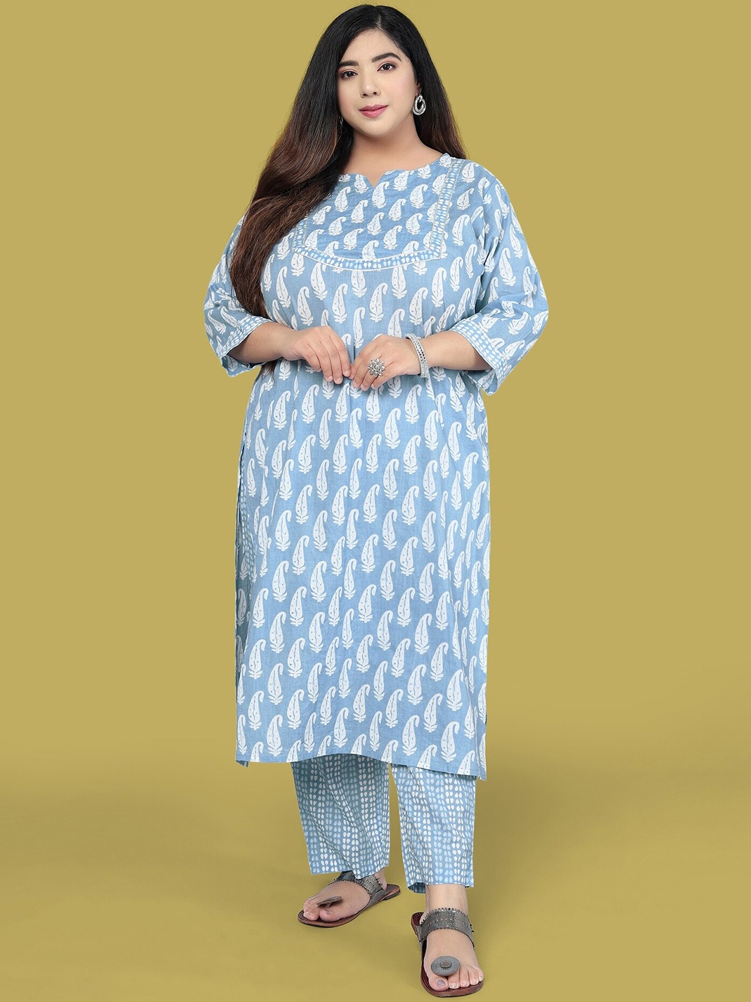 

MIRCHI FASHION Women White Ethnic Motifs Printed Sequinned Pure Cotton Kurta with Palazzos & With Dupatta