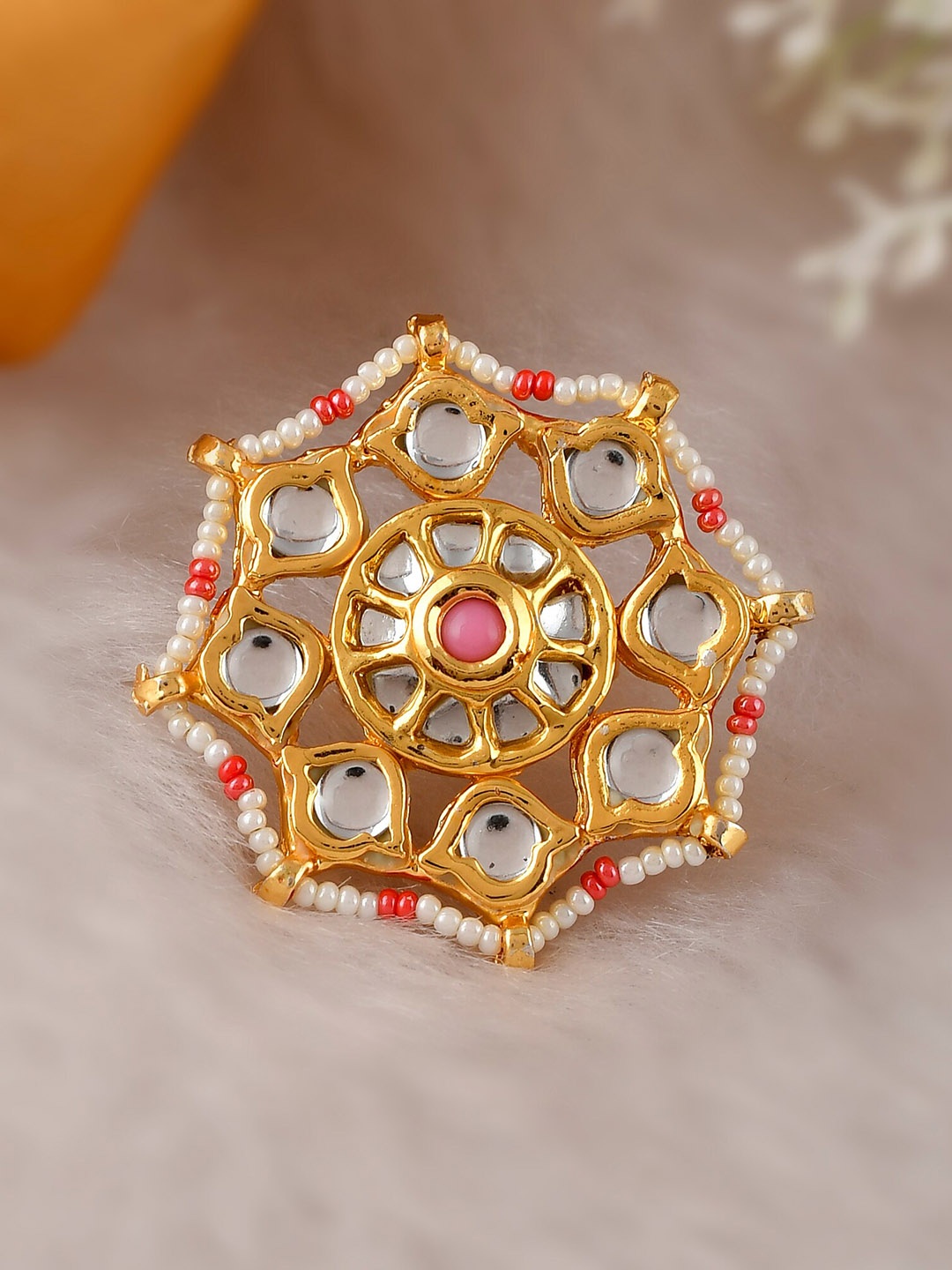 

DASTOOR Gold-Plated Pink & White Kundan Studded Meenakari Adjustable Finger Ring