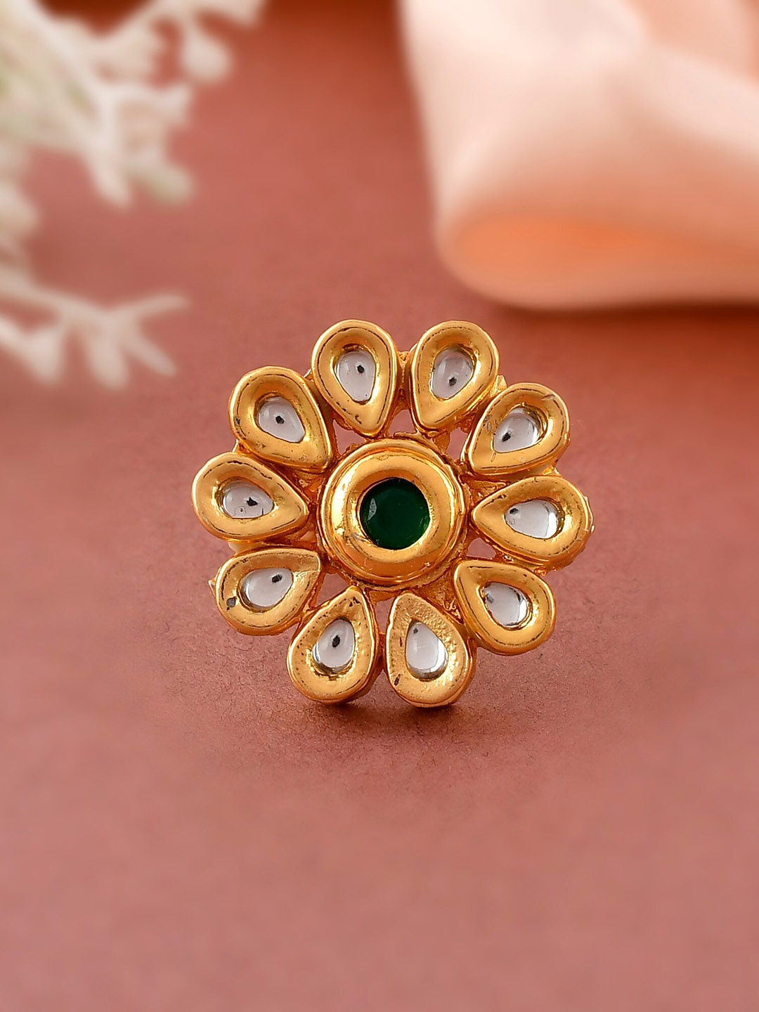 

DASTOOR Gold-Plated White & Green Kundan Studded Adjustable Ring
