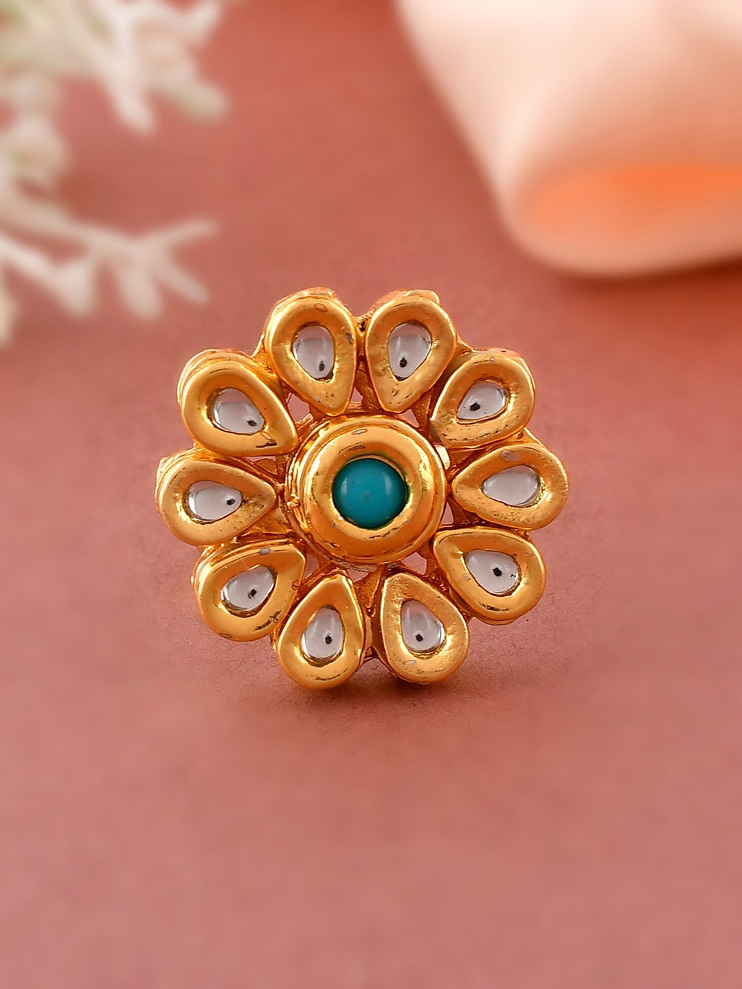 

DASTOOR Gold-Plated Sea-Green Kundan-Studded Meenakari Finger Ring
