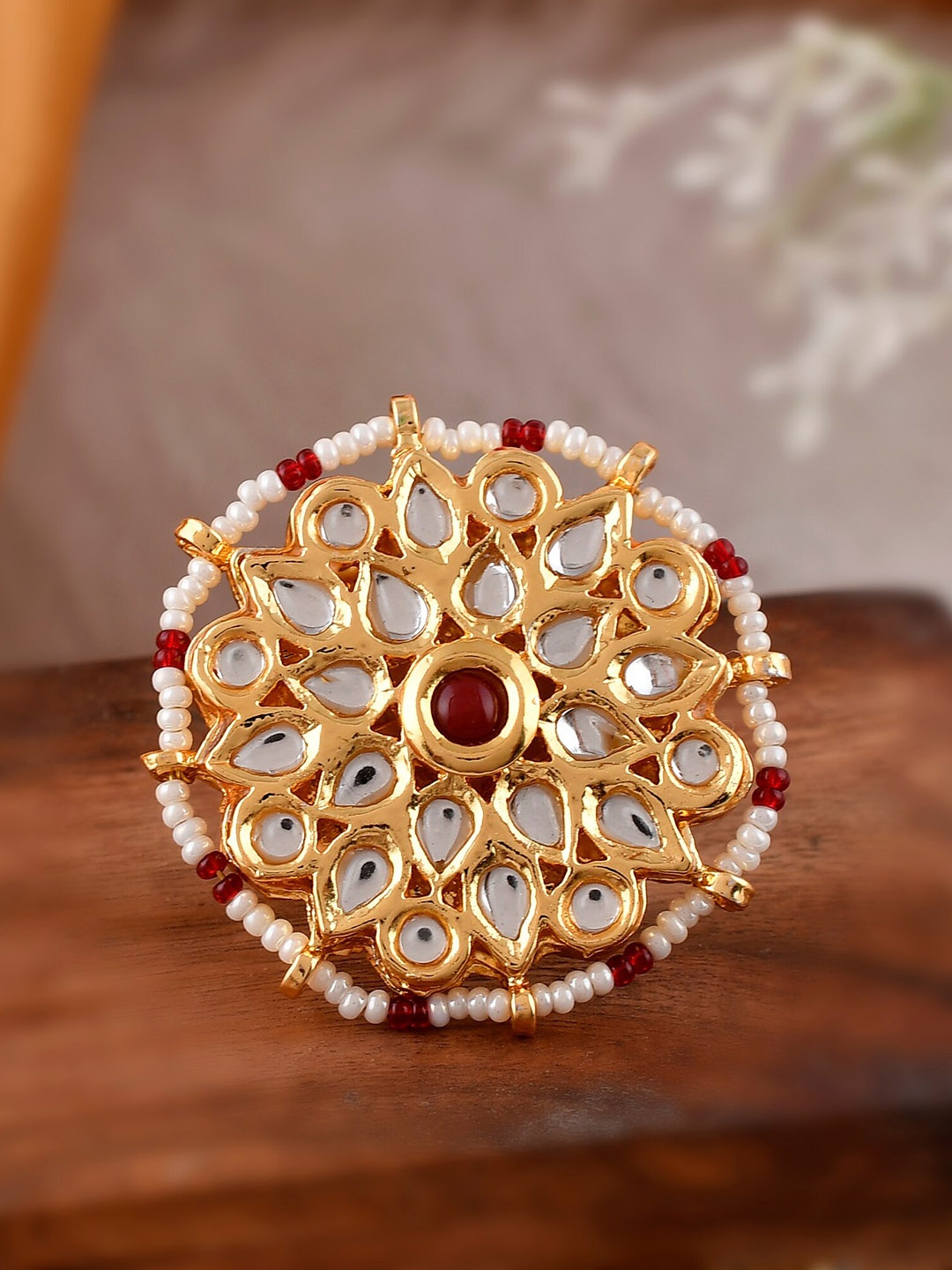 

DASTOOR Gold-Plated Red & White Kundan Studded Meenakari Adjustable Finger Ring