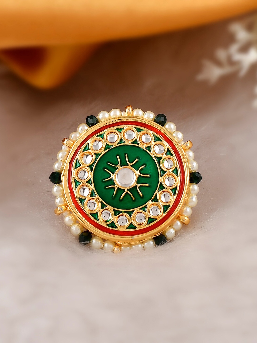 

DASTOOR Gold-Plated Green Kundan Studded Adjustable Meenakari Finger Ring
