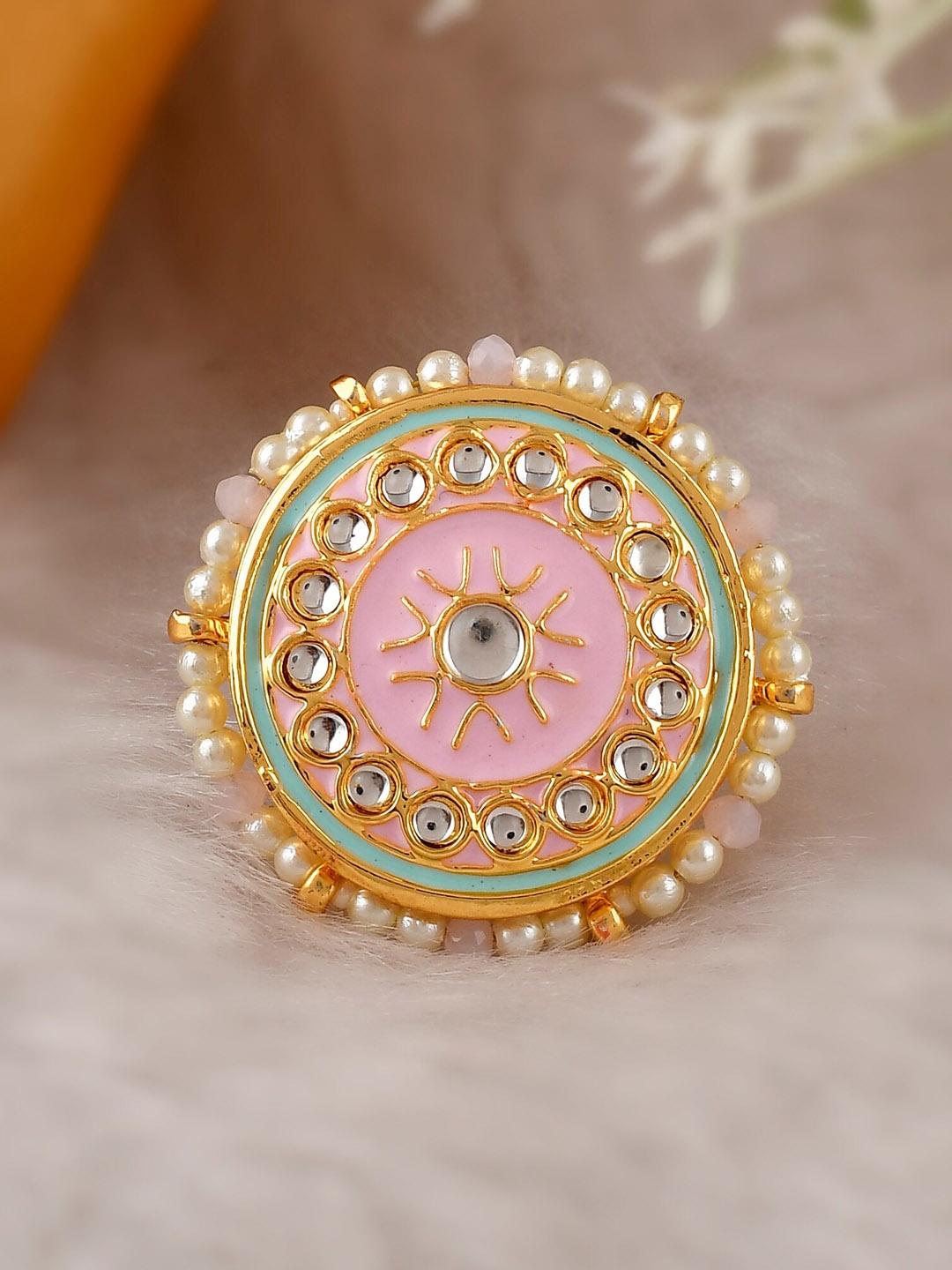 

DASTOOR Gold-Plated Pink & White Kundan Studded Meenakari Adjustable Finger Ring