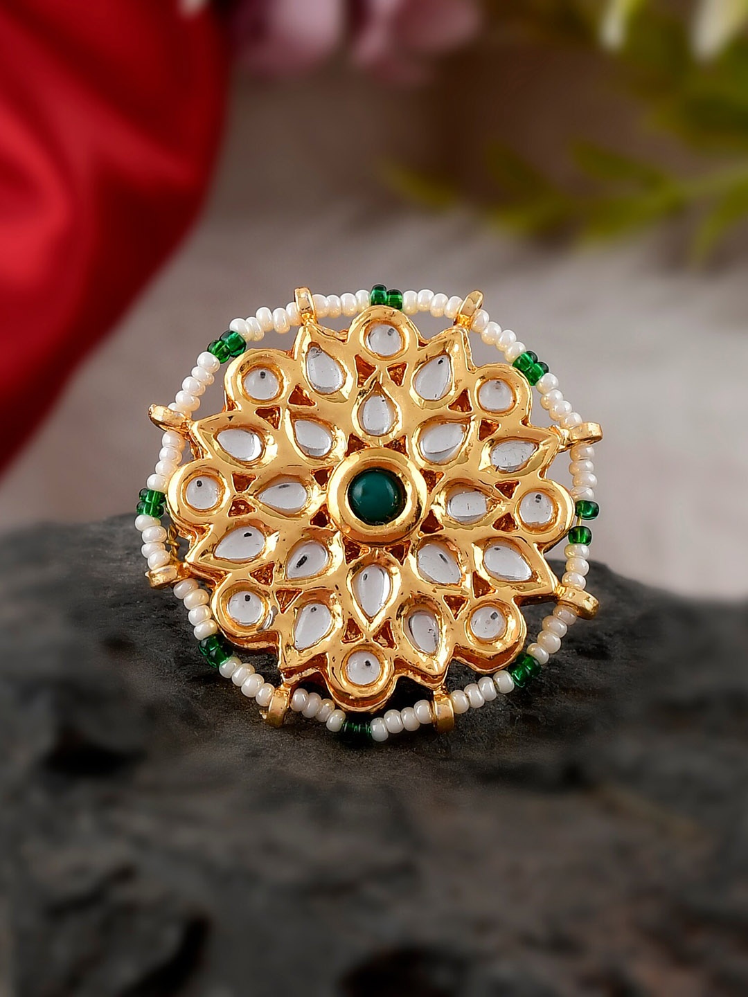 

DASTOOR Gold-Plated Green & White Kundan-Studded Meenakari Finger Ring