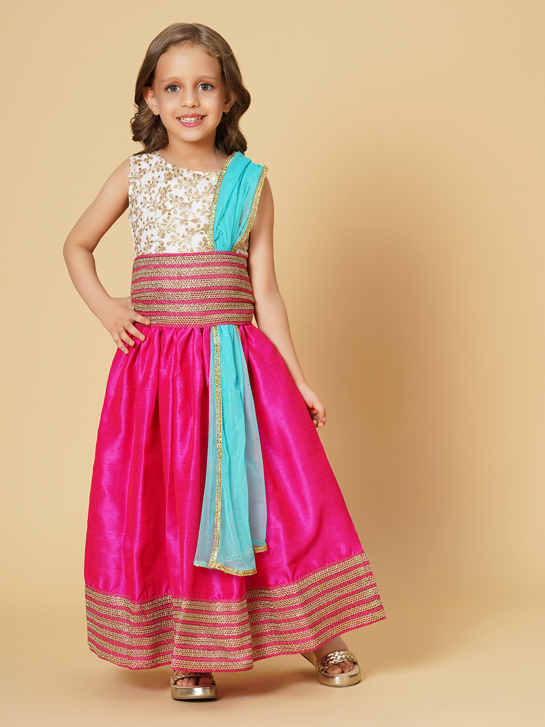 

HERE&NOW Girls Pink & White Embroidered Ready to Wear Lehenga & Blouse With Dupatta