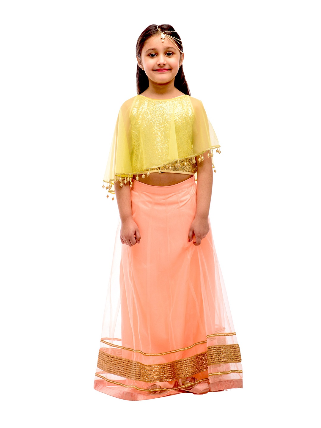 

HERE&NOW Girls Peach-Coloured & Yellow Embroidered Ready to Wear Lehenga &