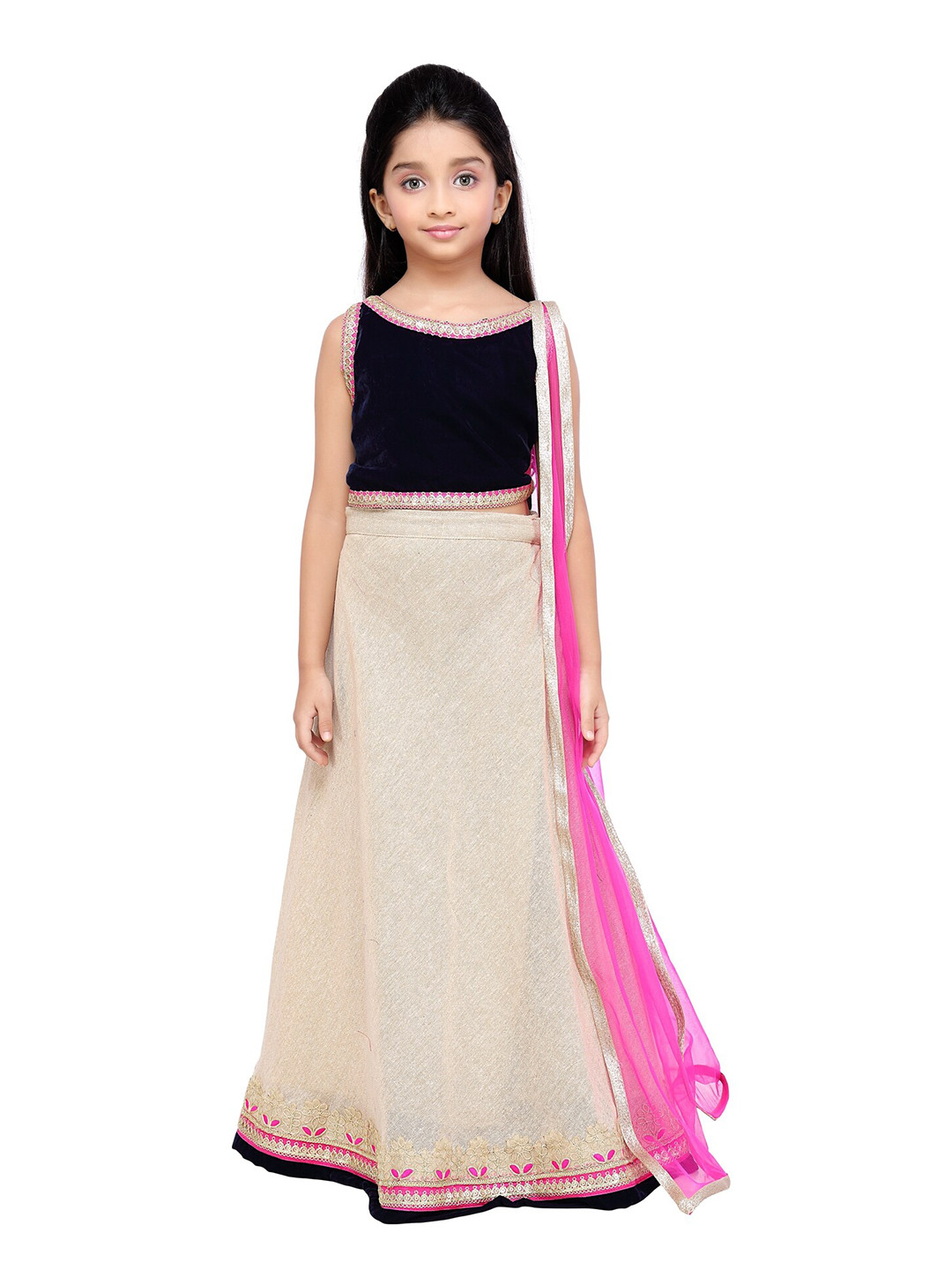 

HERE&NOW Girls Beige & Blue Lehenga & Blouse With Dupatta