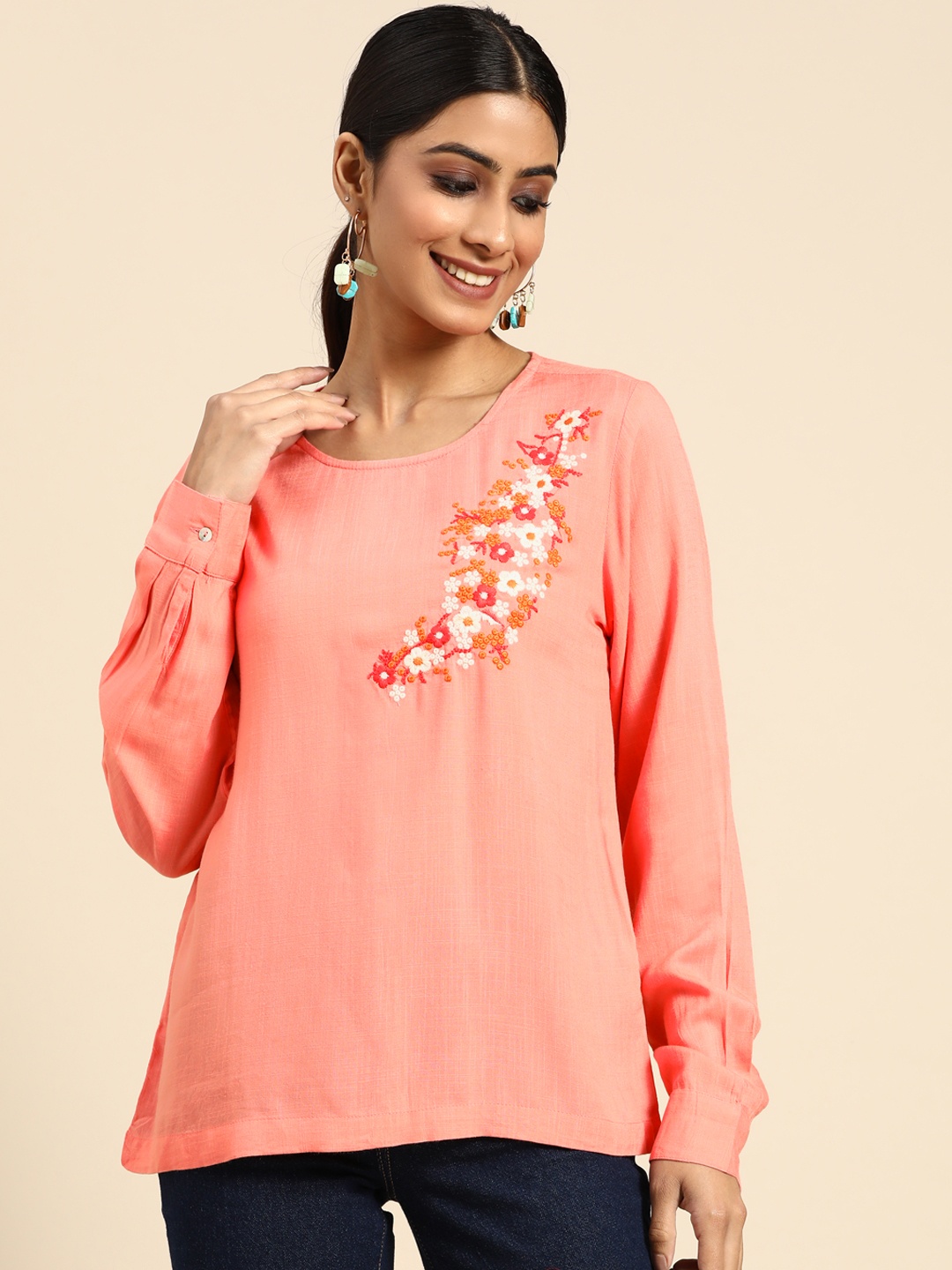 

Sangria Peach-Coloured Embroidered Top