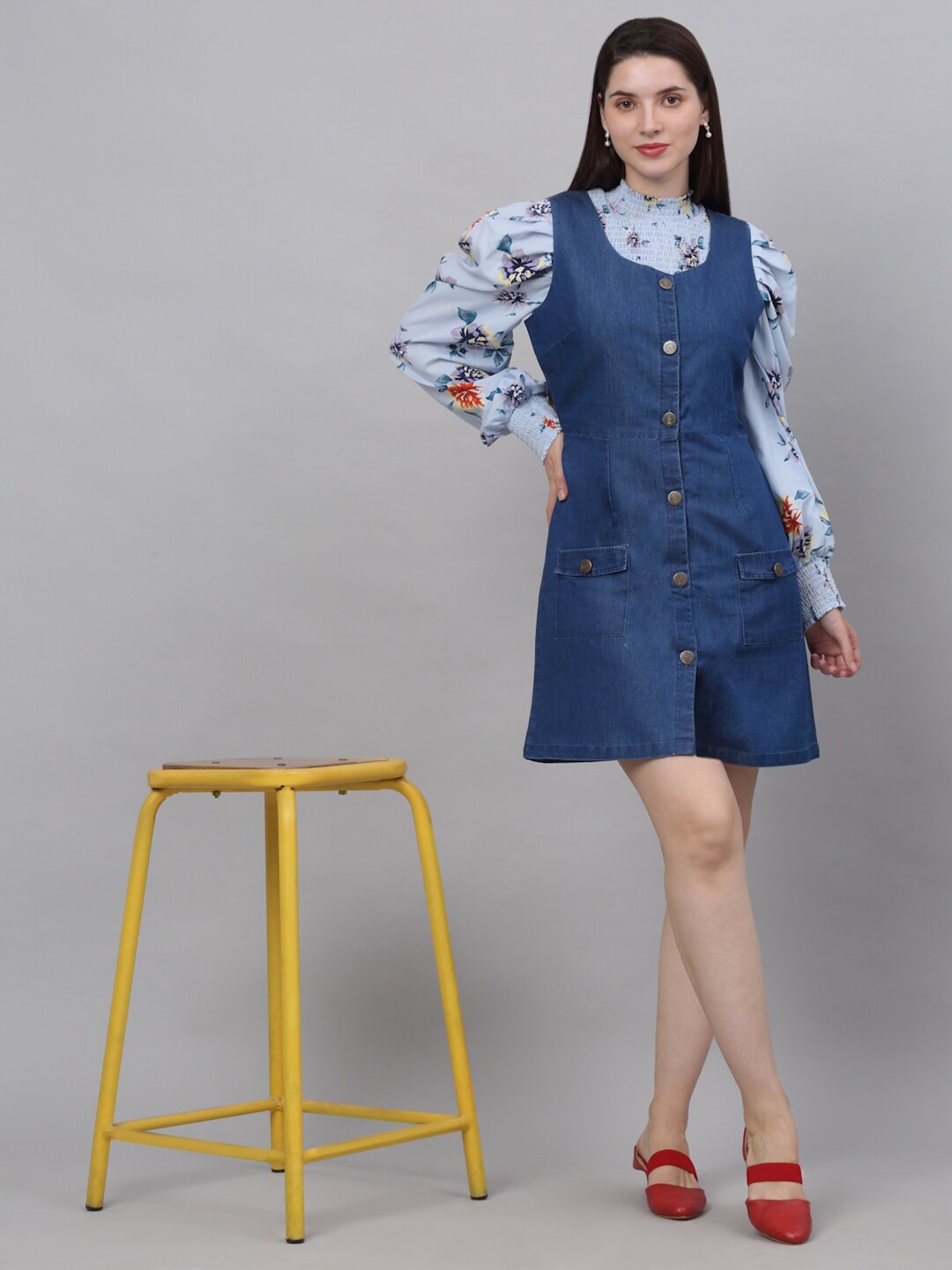 

NEUDIS Women Denim Pinafore Dress, Blue