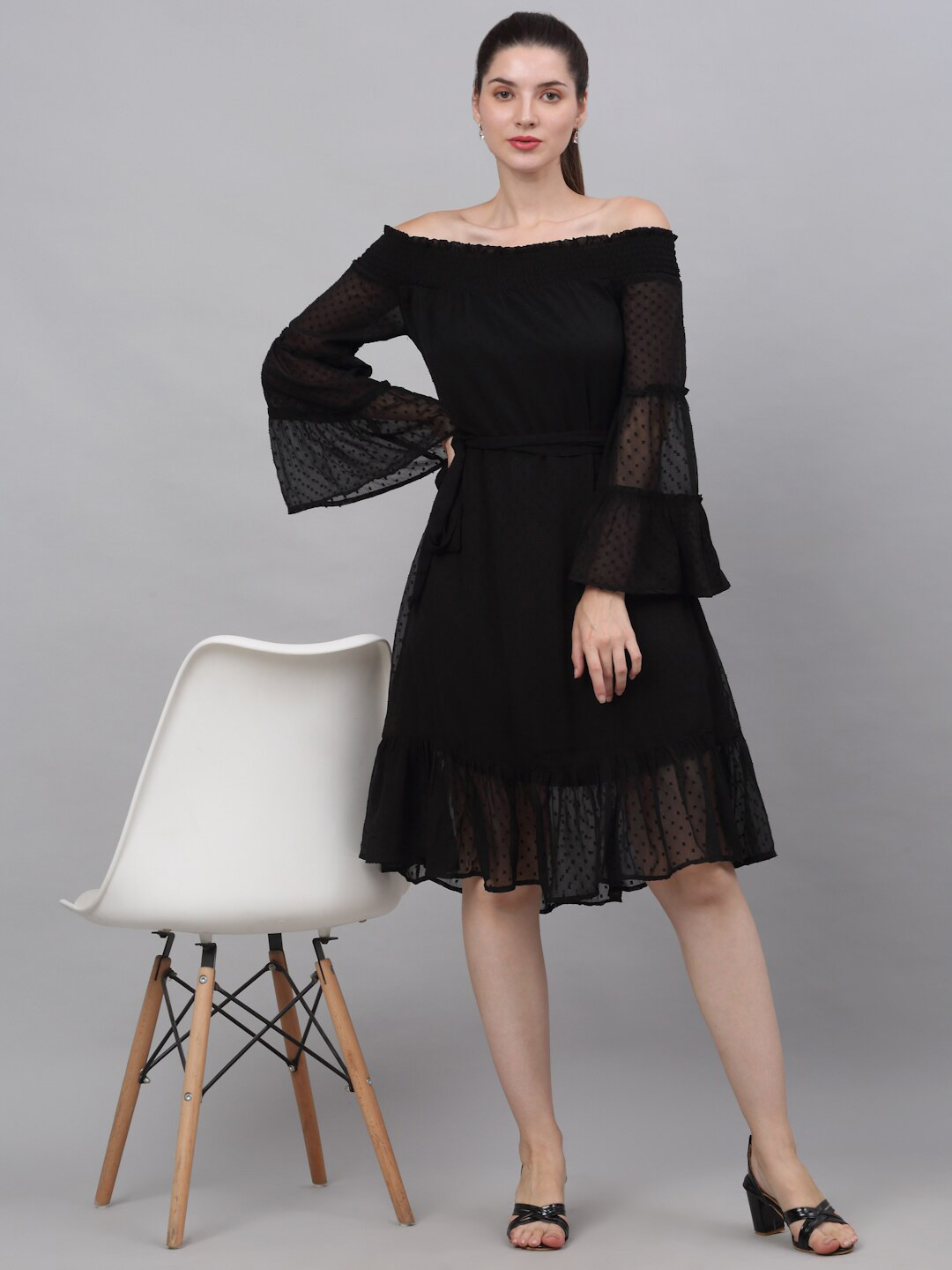 

NEUDIS Women Black Off-Shoulder Chiffon Dress