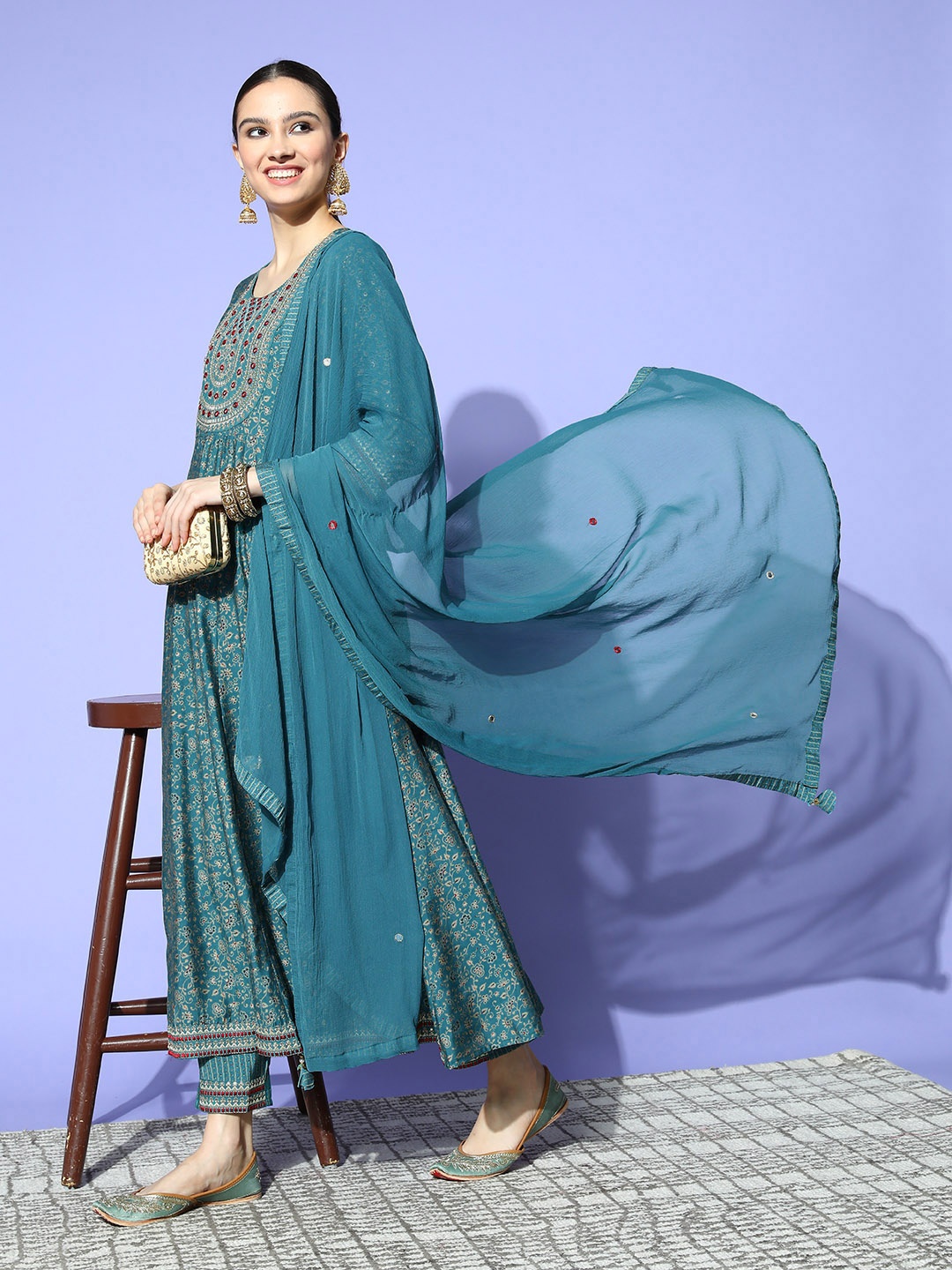 

ZOLA Women Ethnic Motifs Polyester Fluid Tie-Up Kurta Set, Teal