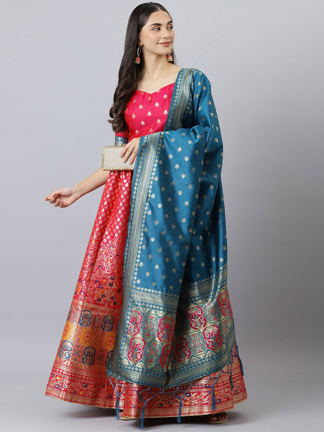 

cbazaar Pink & Blue Unstitched Lehenga & Blouse With Dupatta