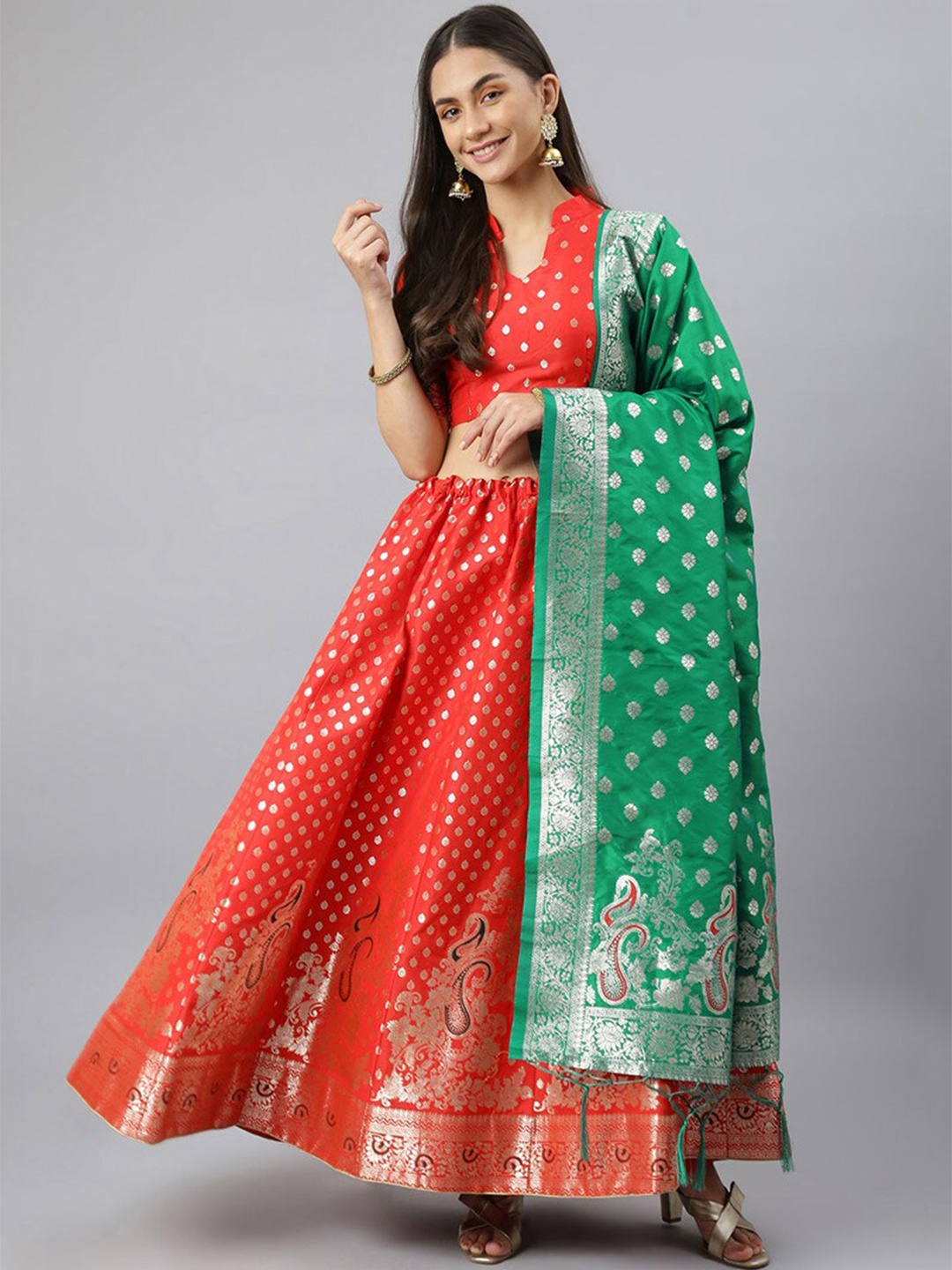 

cbazaar Red & Green Unstitched Lehenga & Blouse With Dupatta