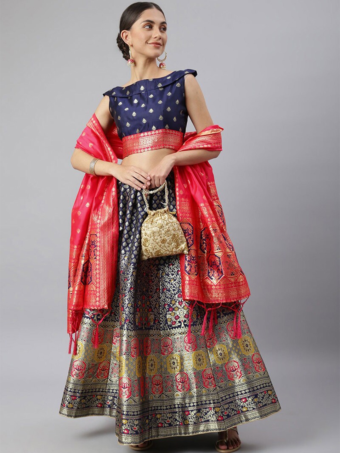 

cbazaar Blue & Pink Unstitched Lehenga & Blouse With Dupatta Set