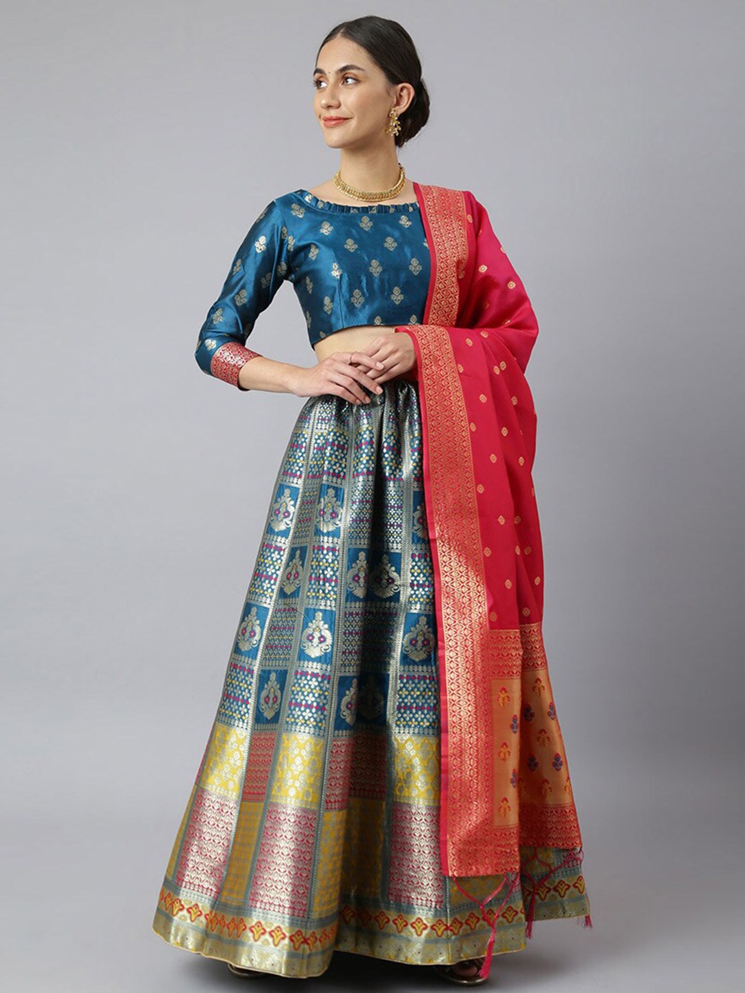 

cbazaar Blue & Pink Unstitched Lehenga & Blouse With Dupatta