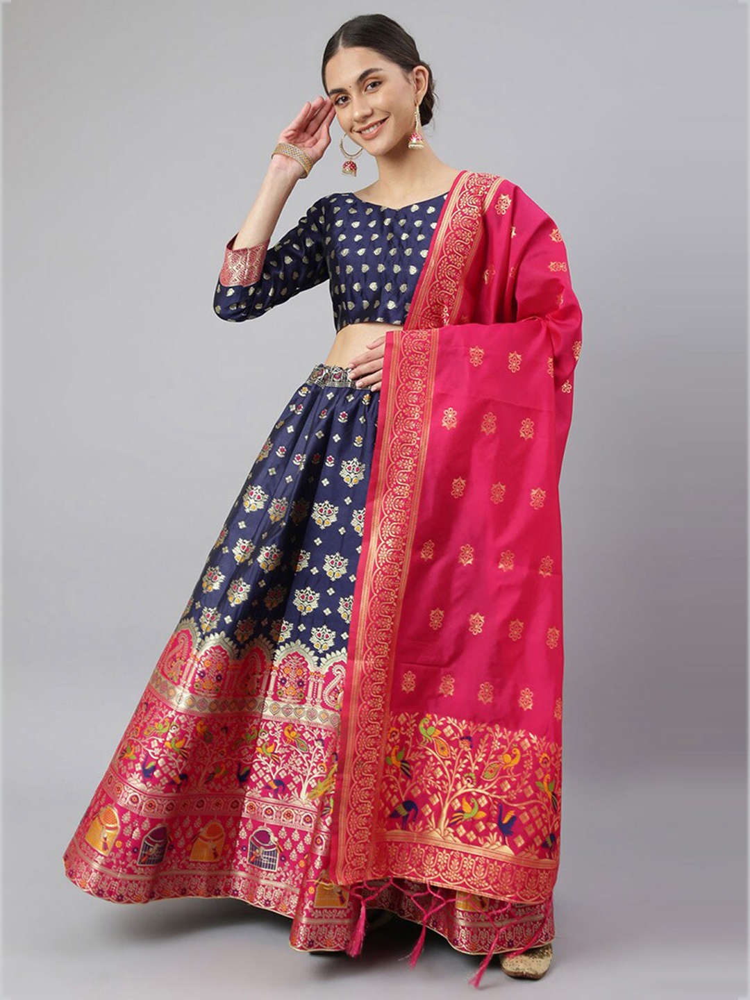 

cbazaar Blue & Pink Unstitched Lehenga & Blouse With Dupatta