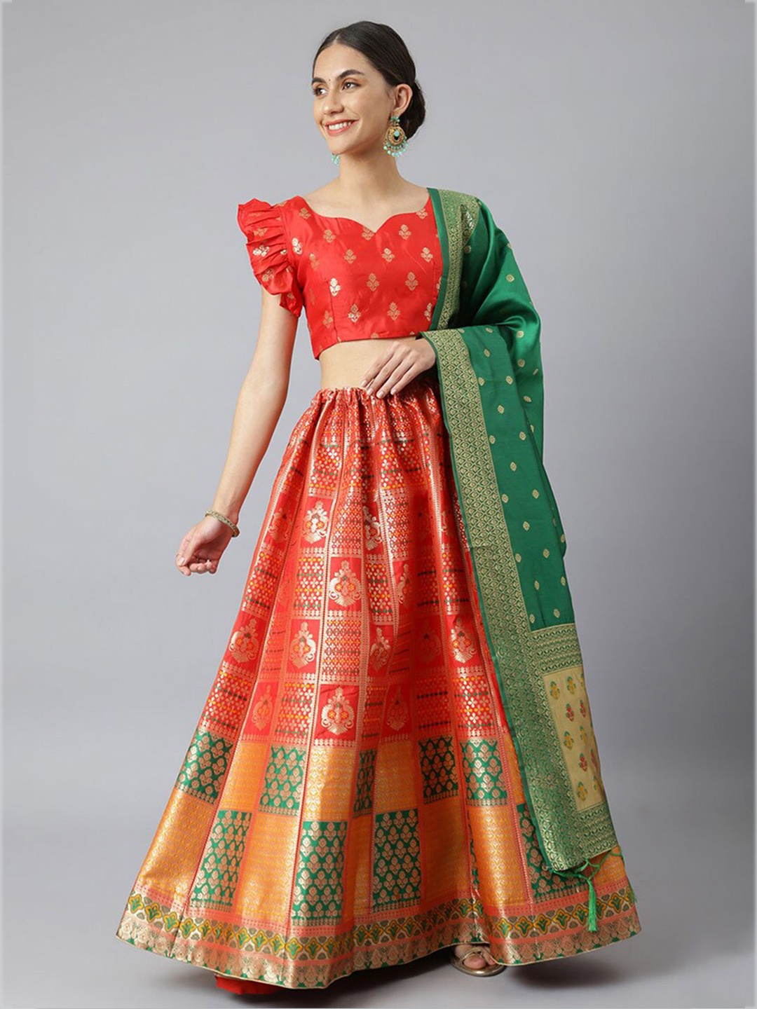

cbazaar Women Red & Green Woven Design Unstitched Lehenga & Blouse With Dupatta