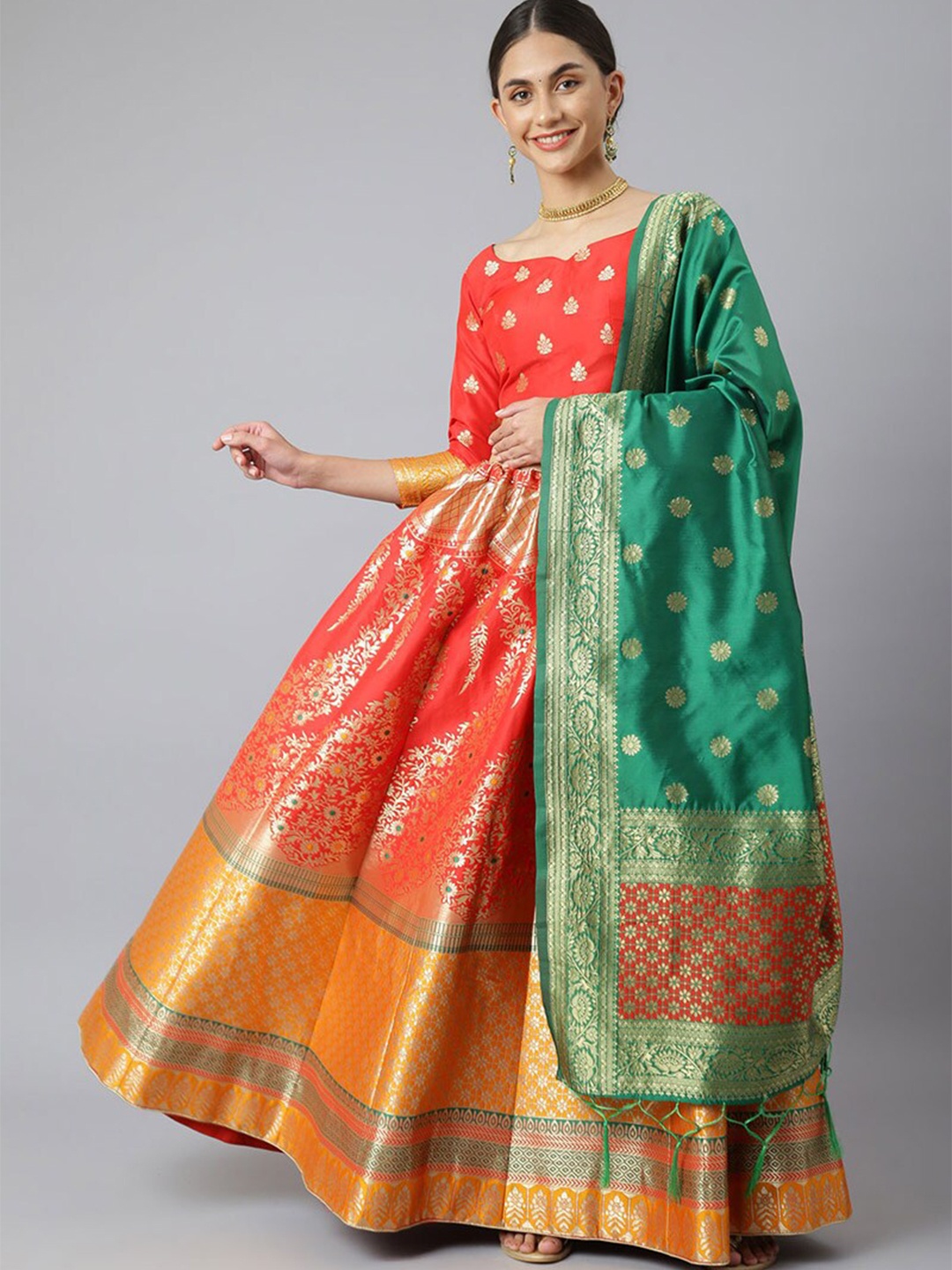 

cbazaar Red & Green Unstitched Lehenga & Blouse With Dupatta