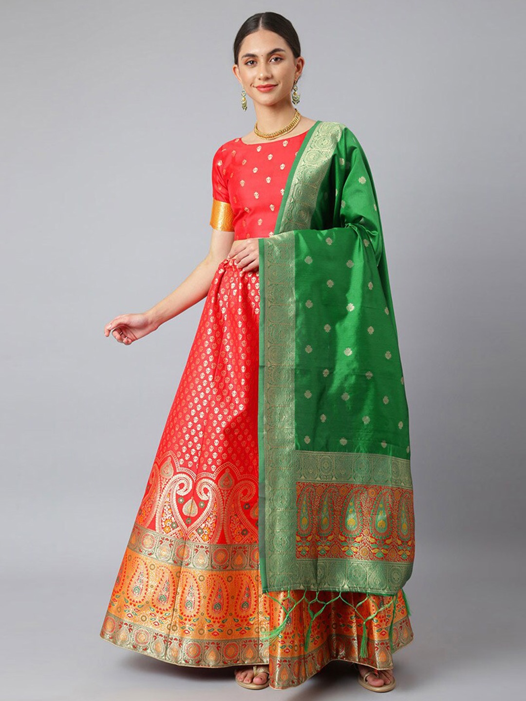 

cbazaar Red & Green Unstitched Lehenga & Blouse With Dupatta