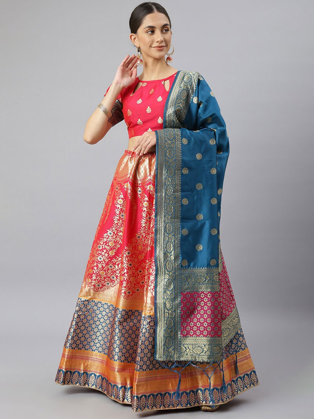 

cbazaar Women Pink & Blue Unstitched Lehenga & Blouse With Dupatta