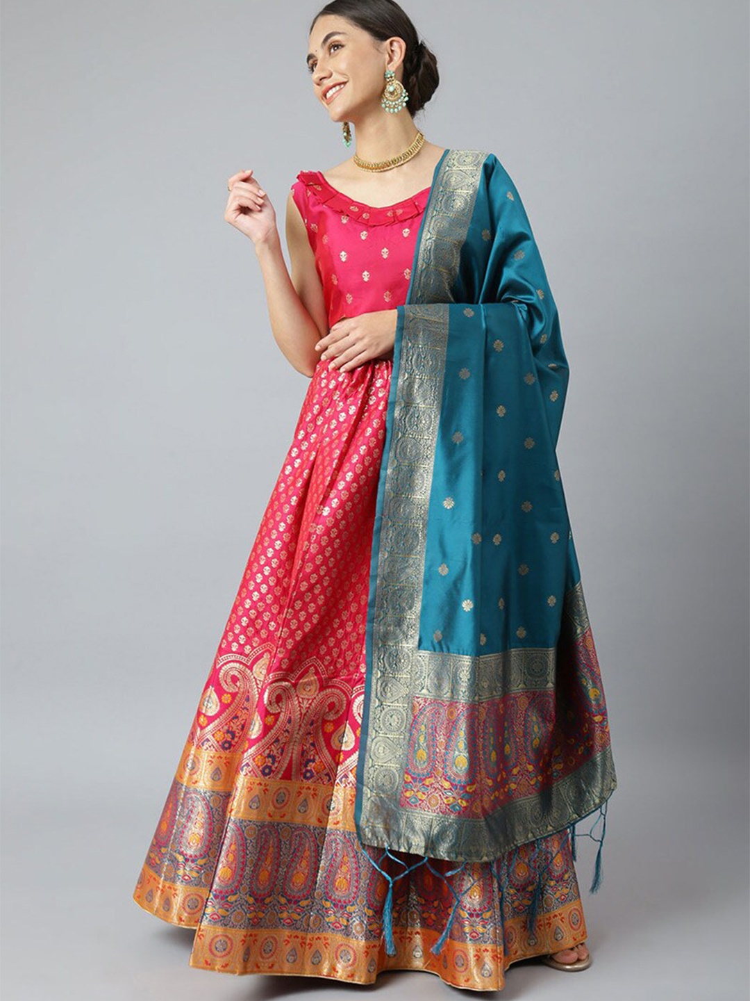 

cbazaar Pink & Turquoise Blue Unstitched Lehenga & Blouse With Dupatta