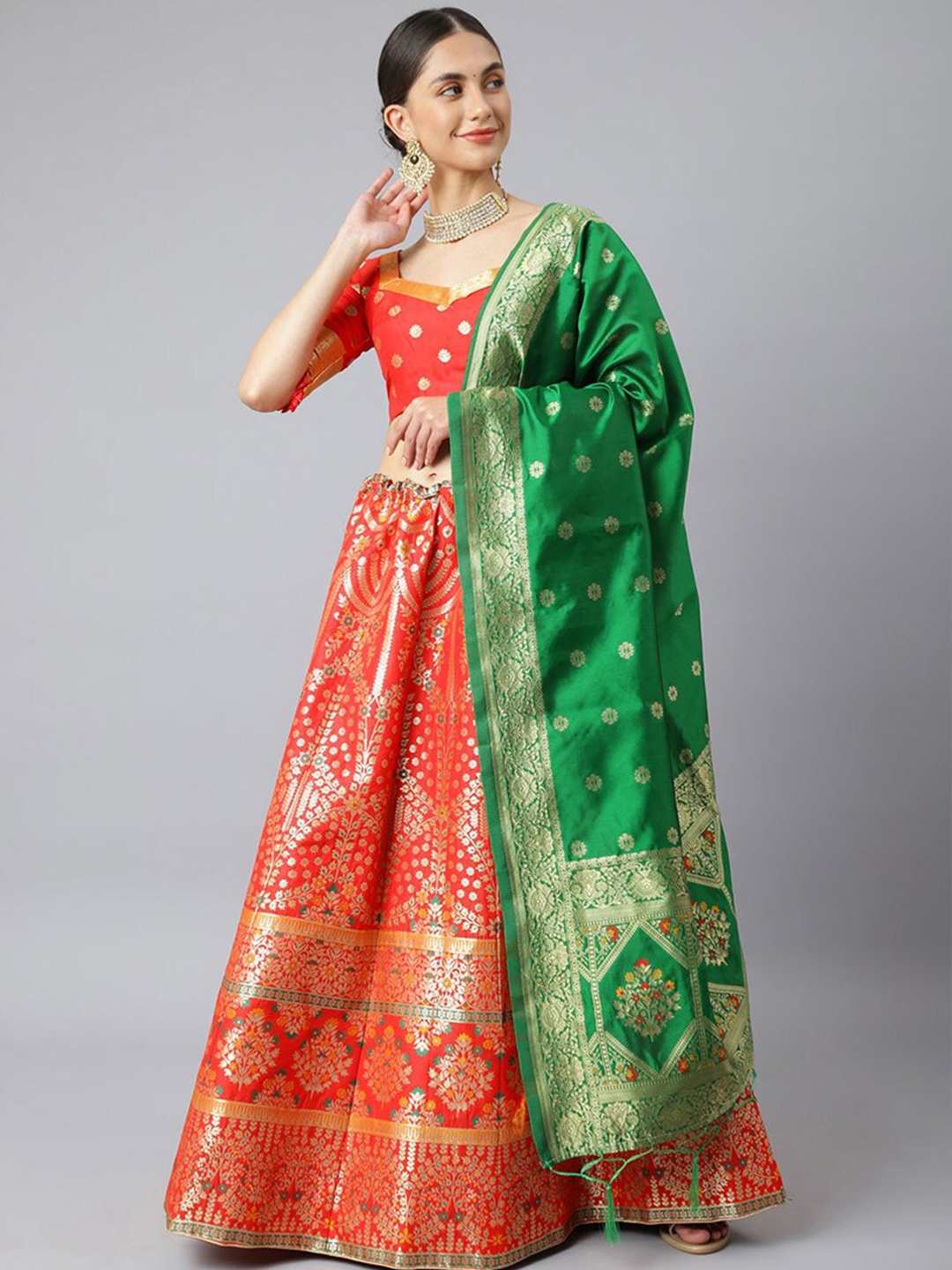 

cbazaar Red & Green Unstitched Lehenga & Blouse With Dupatta