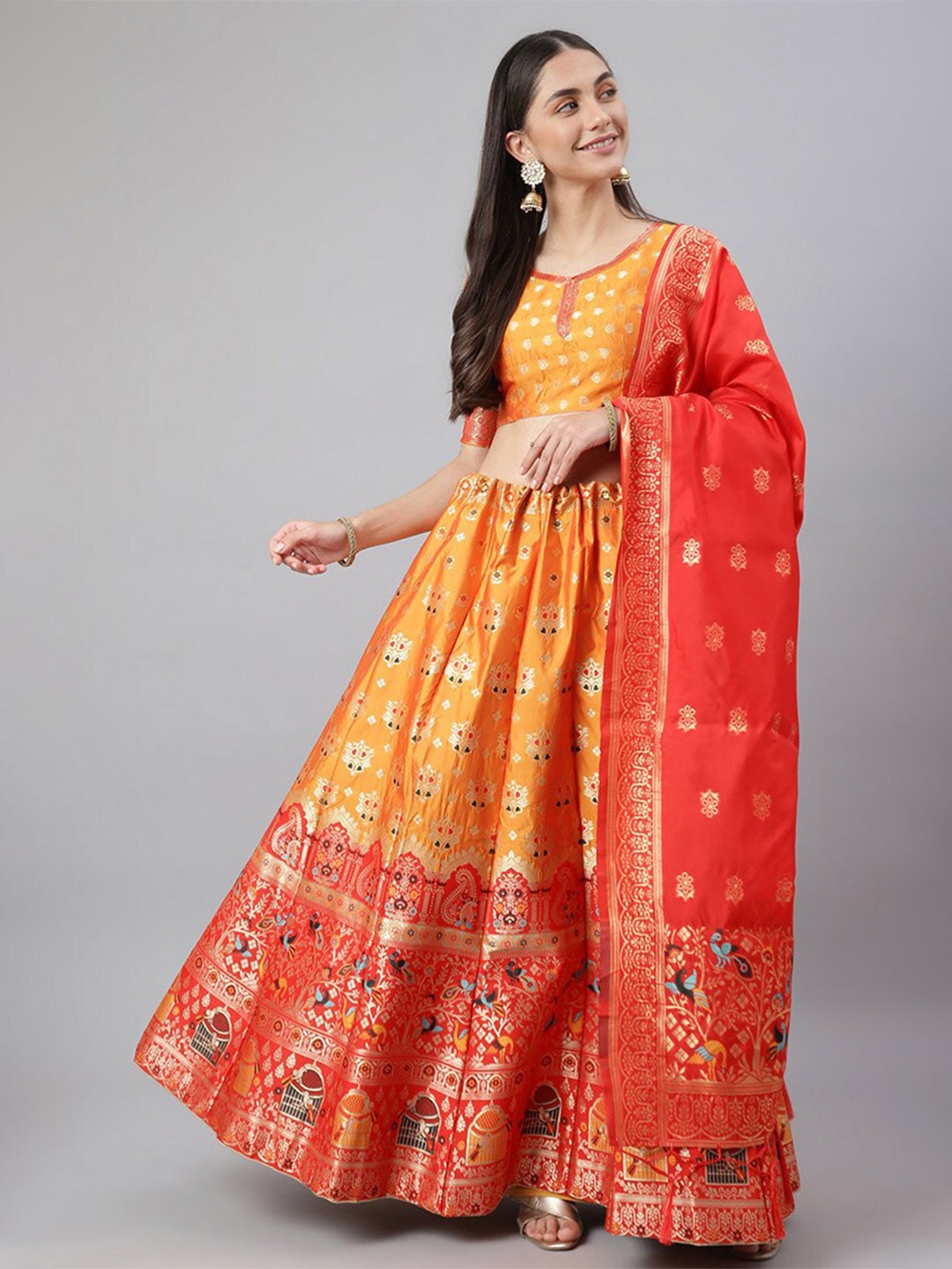 

cbazaar Mustard & Orange Unstitched Lehenga & Blouse With Dupatta