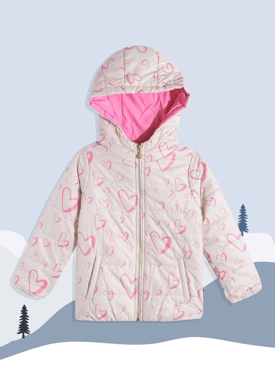 

Wingsfield Girls Beige & Pink Conversational Printed Padded Jacket