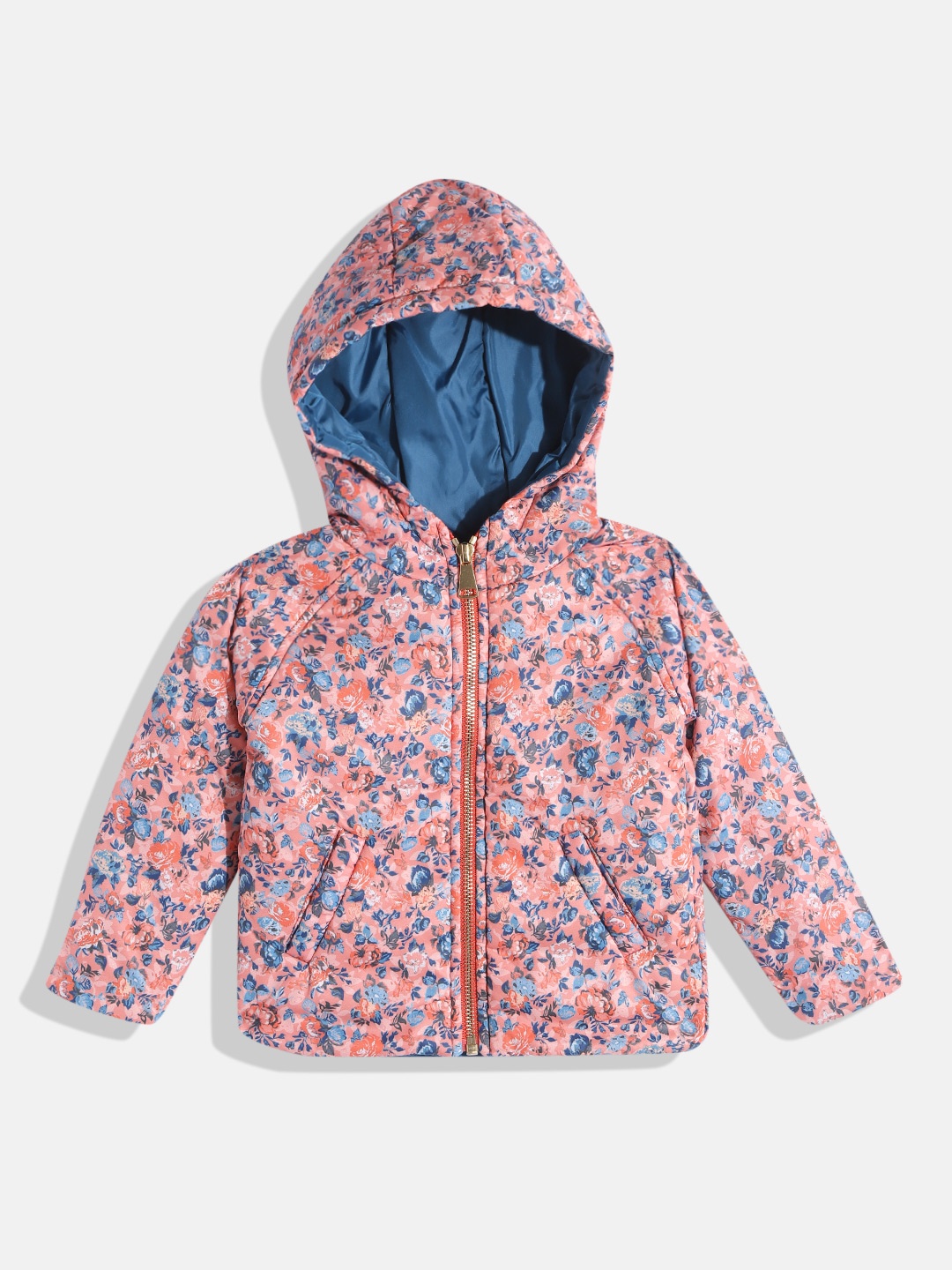 

Wingsfield Girls Peach-Coloured & Blue Floral Printed Padded Jacket